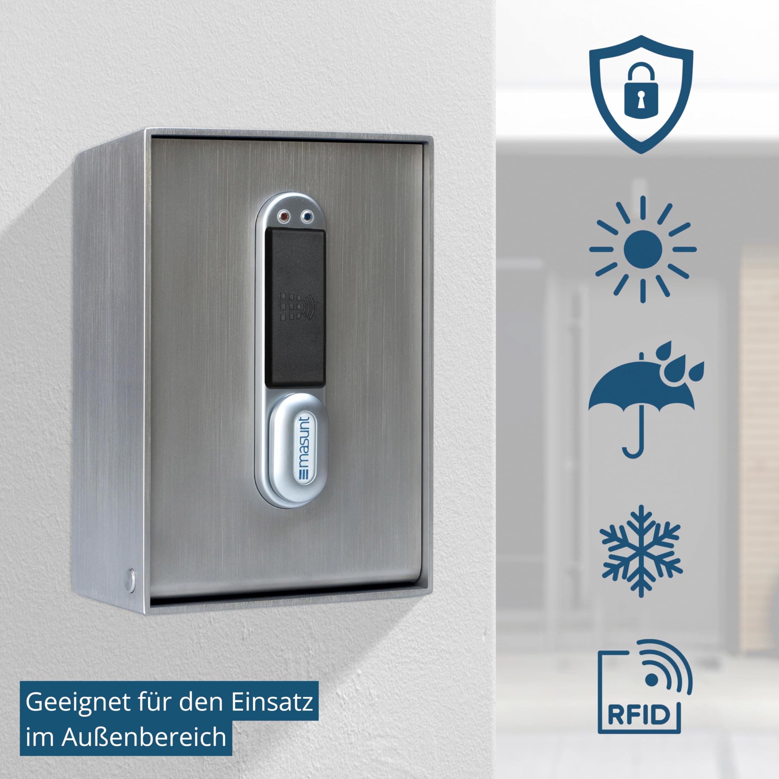 masunt Schlüsseltresor 2121 RFID | elektronischer Schlüsseltresor | Registrierung von bis zu 50 individuellen Zutrittsmedien | V2A Edelstahl | Aufbruch-sicher | wetterfest | silber