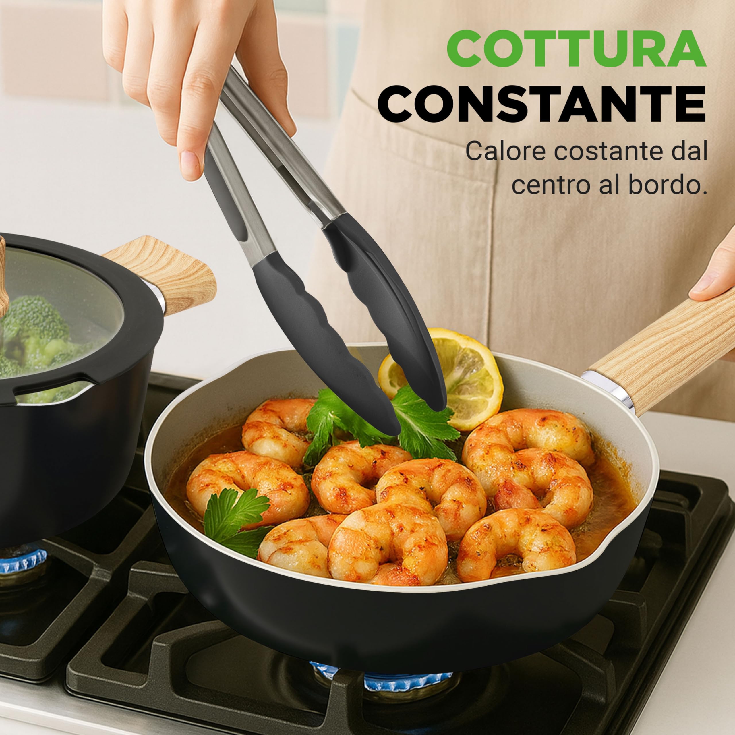 NutriChef Set Pentole e Padelle 14 Pezzi in Ceramica Antiaderenti, Compatibili Induzione, Coperchio in Vetro, Manici Antiscottatura, Lavabili in Lavastoviglie, Mestolo, Pinze e Spatola Inclusi, Nero