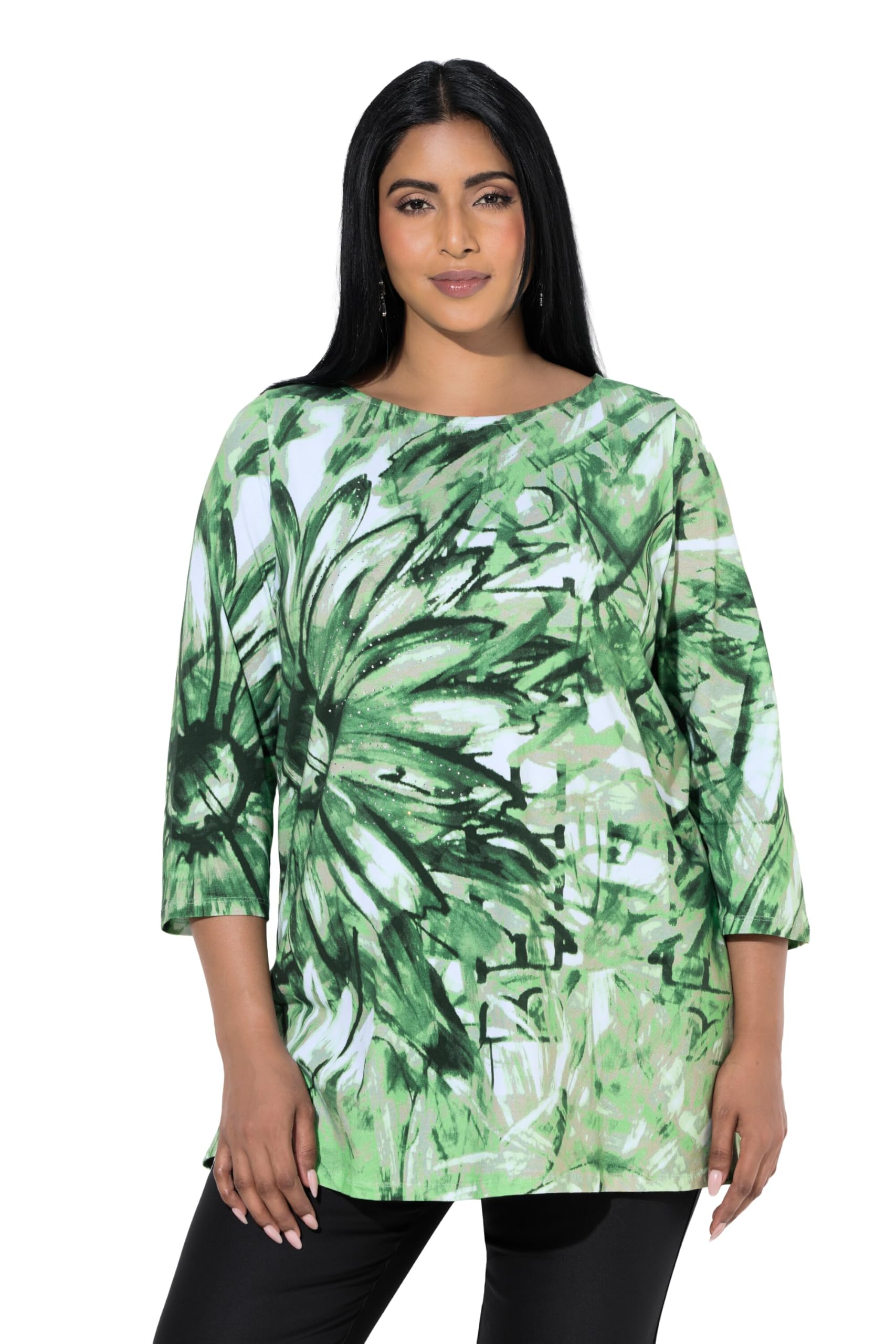 Ulla Popken Damen große Größen Übergrößen Plus Size Pima Cotton Shirt, Ziersteine, A-Linie, U-Boot-Ausschnitt, 3/4-Arm 846953