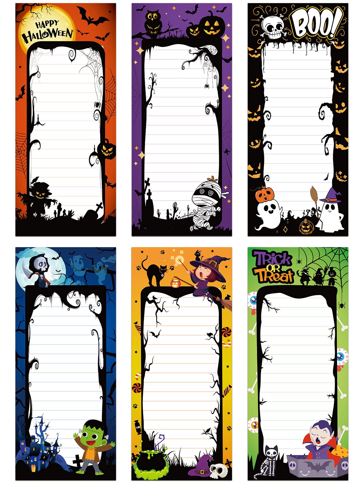Whaline 6Pcs Halloween Magnetic Notepads Holiday List to-Do Paper Pad Grocery Shopping List Ghost Vampire Witch Cartoon Pattern Momo Notepad for Halloween Fridge Reminder Scratch Pad, 7.5 x 3.2"