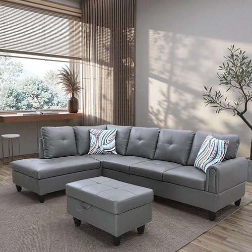 Sofá seccional en forma de L con diván y otomana de almacenamiento, sofá modular convertible de 3 piezas para juegos de muebles de sala y