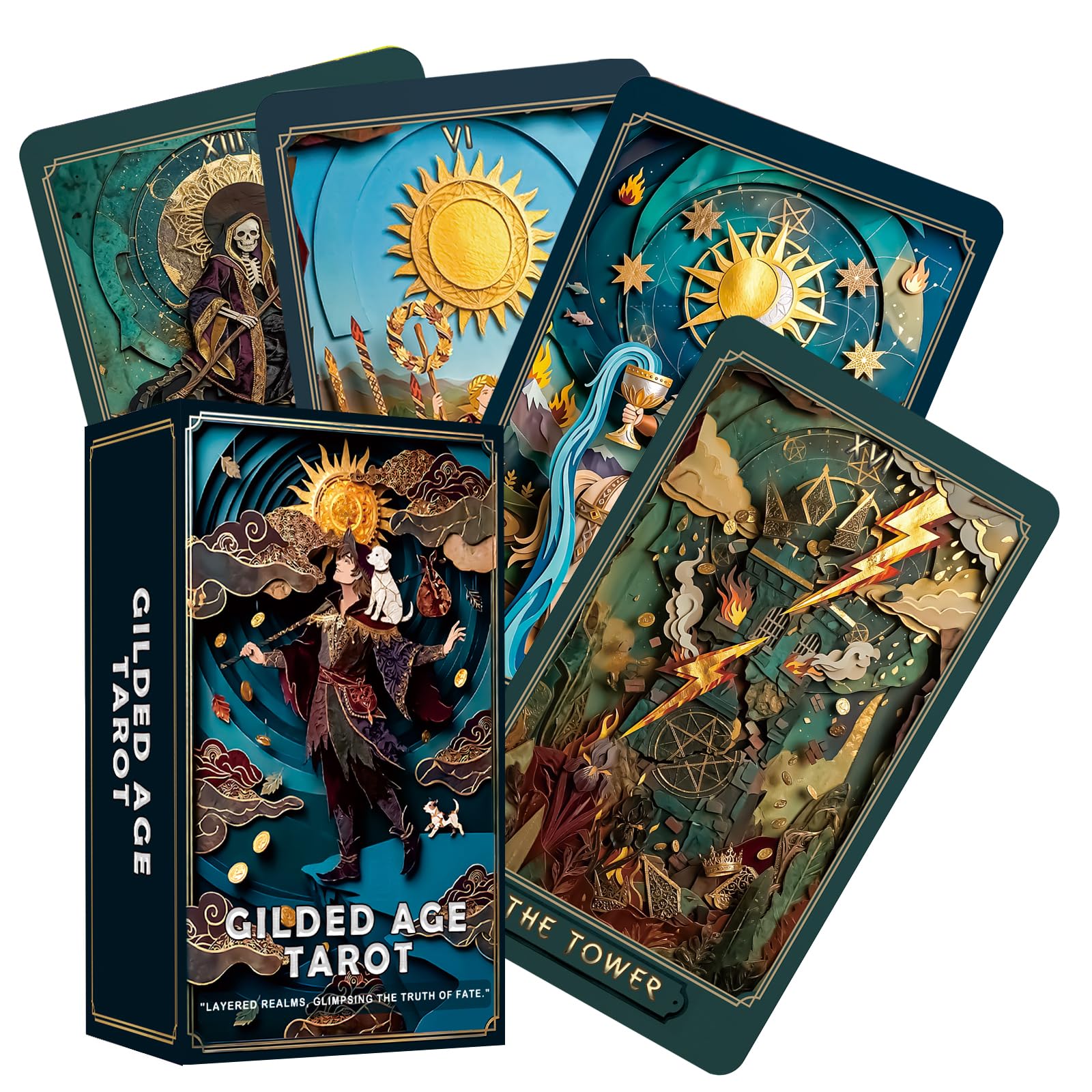 sishui Gilded Age Tarot Deck with Guidebook, 78 Rider Waite Inspired Tarot Cards Featuring Paper Cut Art Illustrations, Beginner Friendly Deck for Intuitive Readings, Journaling and Spiritual Growth