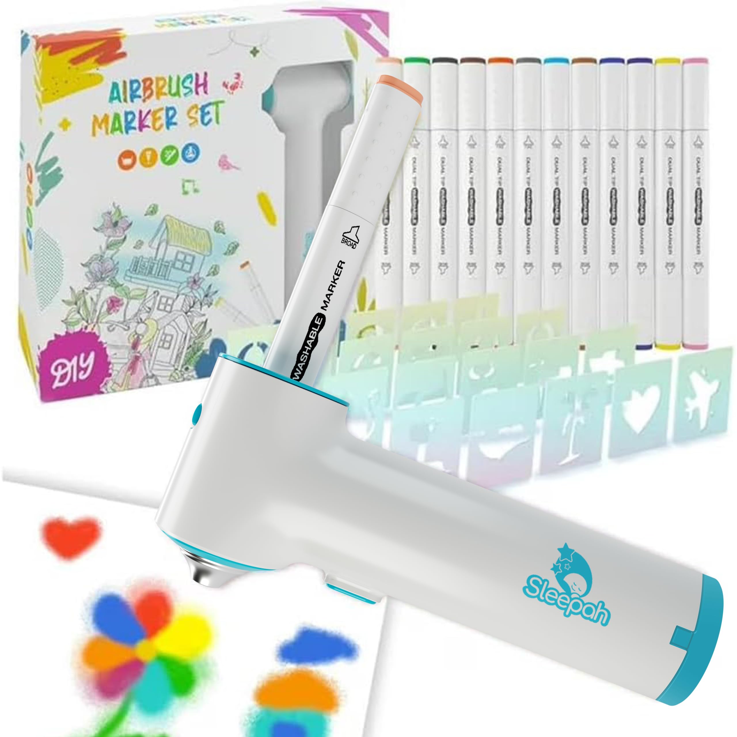 Sleepah Air Brush Marker Set for Kids Includes 12 Washable Markers 20 Stencils Gift for Ages 5 6 7 8 9 Years Old - Great Arts & Crafts Set