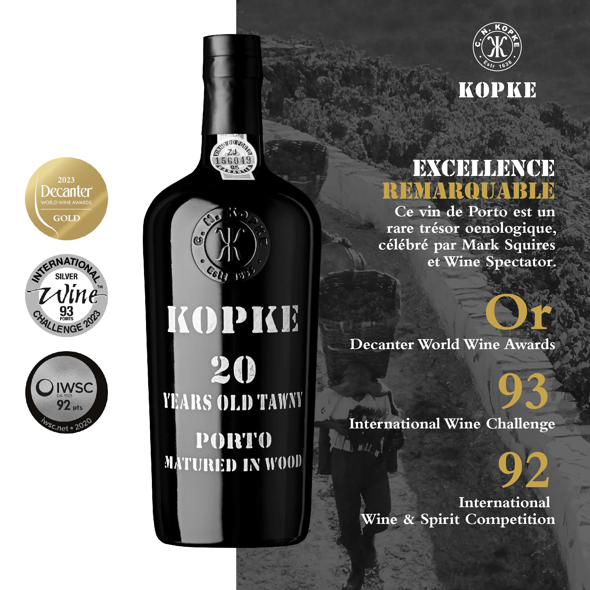 Kopke Porto Tawny 20 Ans – Vin de Porto Rouge Raffiné Vieilli en Fût de Chêne | Vin de Dessert Récompensé | Bouteille Élégante de 0,75L (20% Vol.) dans un Coffret Cadeau en Bois