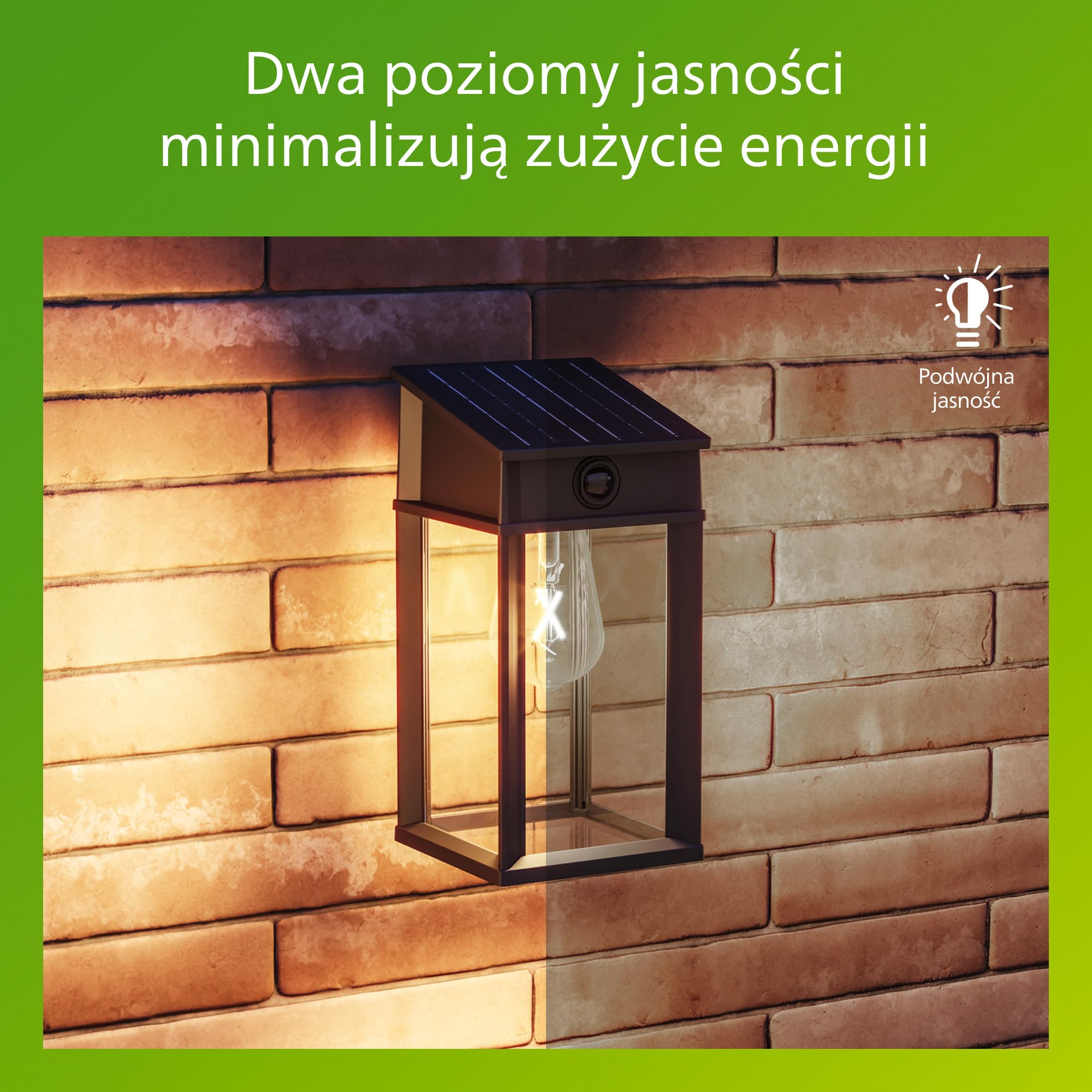Philips Geri UltraEfficient Zewnętrzna Solarna Lampa Ścienna, Wymienna Żarówka Solarna, Czujnik Ruchu, 2700K, Kwadratowa, Czarna