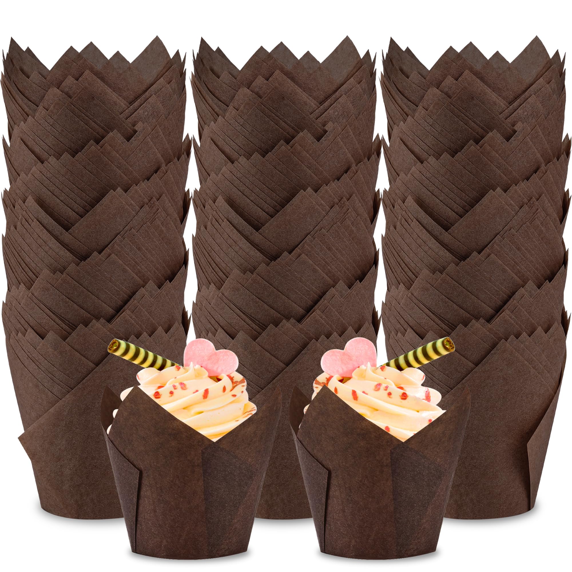NPLUX 300 forros de tulipán marrón para magdalenas, para hornear magdalenas a prueba de grasa, tamaño estándar, perfecto para fiestas, vacaciones, cupcakes caseros y panadería
