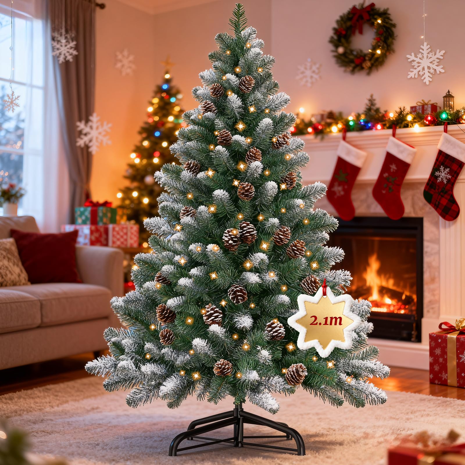 Árbol de Navidad verde de 210 cm con nieve blanca 820 puntas de PVC, 350 luces LED y 36 piñas, artificial plegable con soporte de metal para exterior e interior