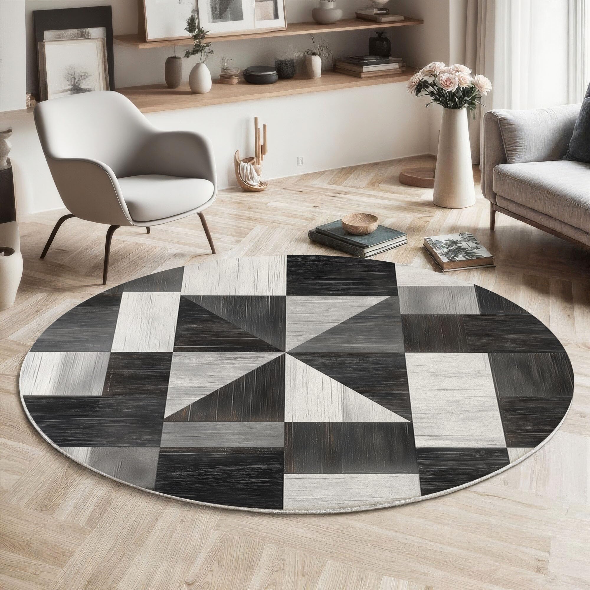 Tapis rond patchwork noir et blanc 60cm au design géométrique et antidérapant
