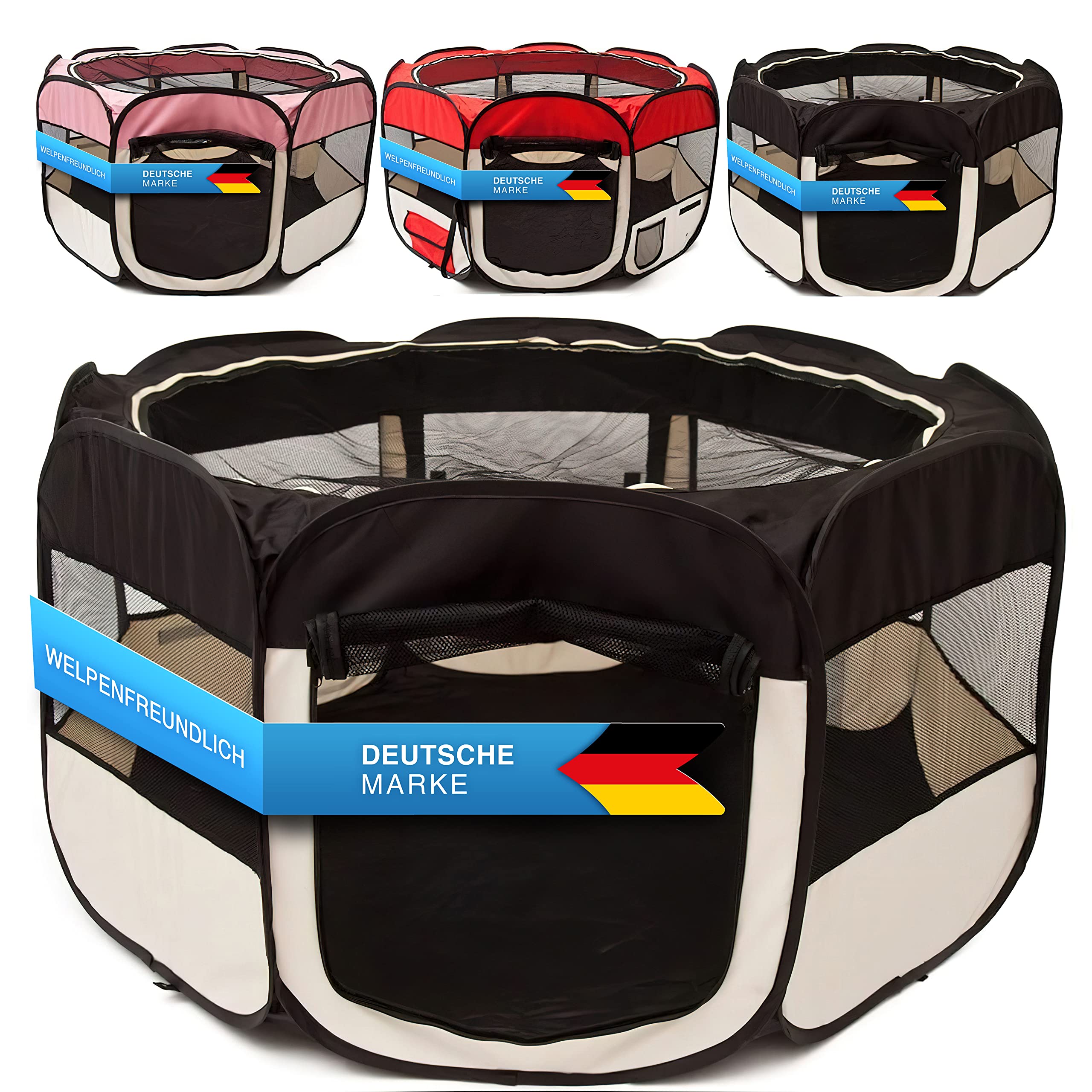 all Pets United® Welpen-Laufstall Tierlaufstall Welpenauslauf-Stall; XXL Freigehege für Hunde, Katzen, Hasen & Kleintiere im Innen- und Außenbereich (Schwarz-Beige)