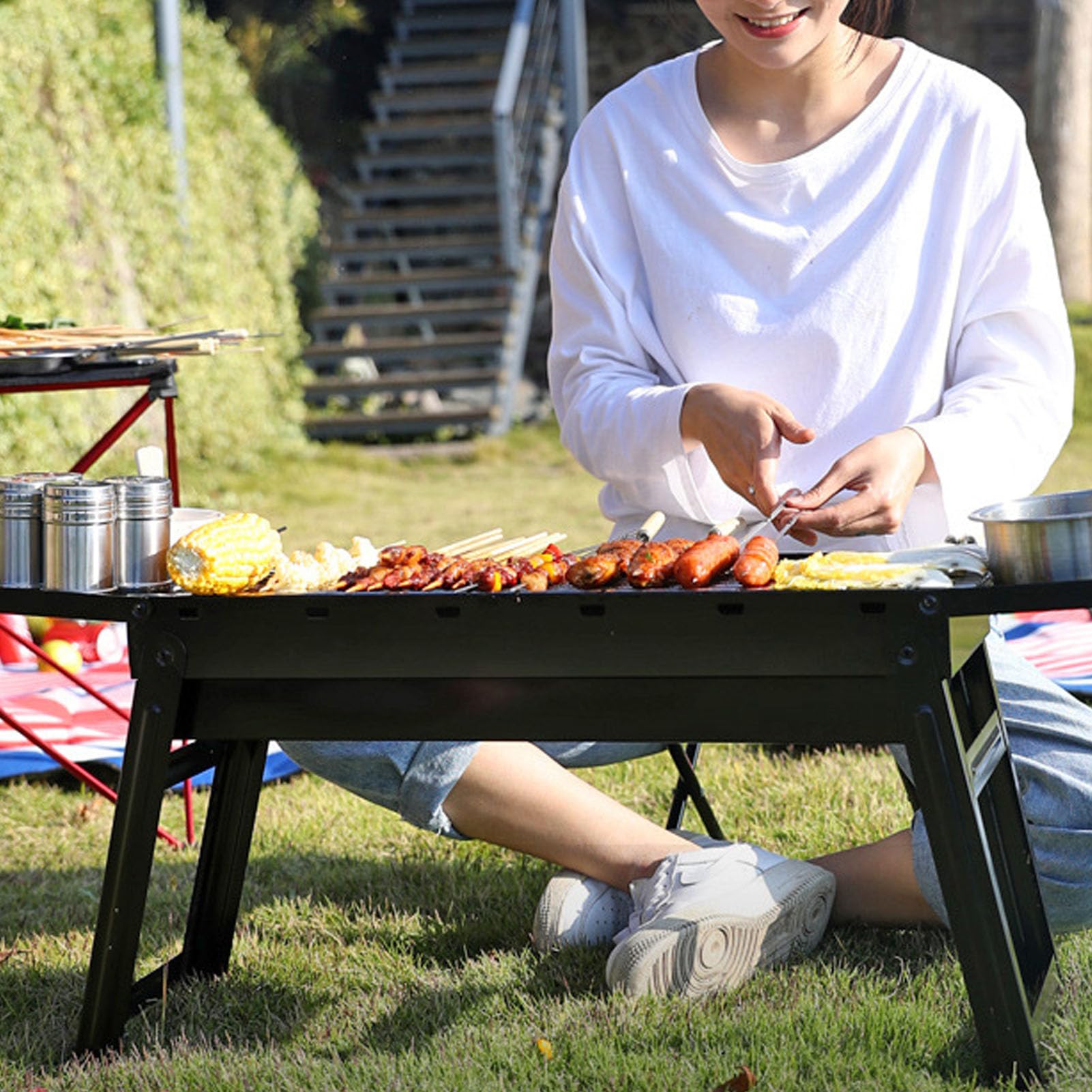 Przenośny Grill Węglowy, Składany Grill Węglowy Ze Stali Nierdzewnej, Blat O Dużej Pojemności, Mały Grill Na Zewnątrz, Kemping, Plaża, 7,72 Cala X 12,56 Cala X 22,95 Cala