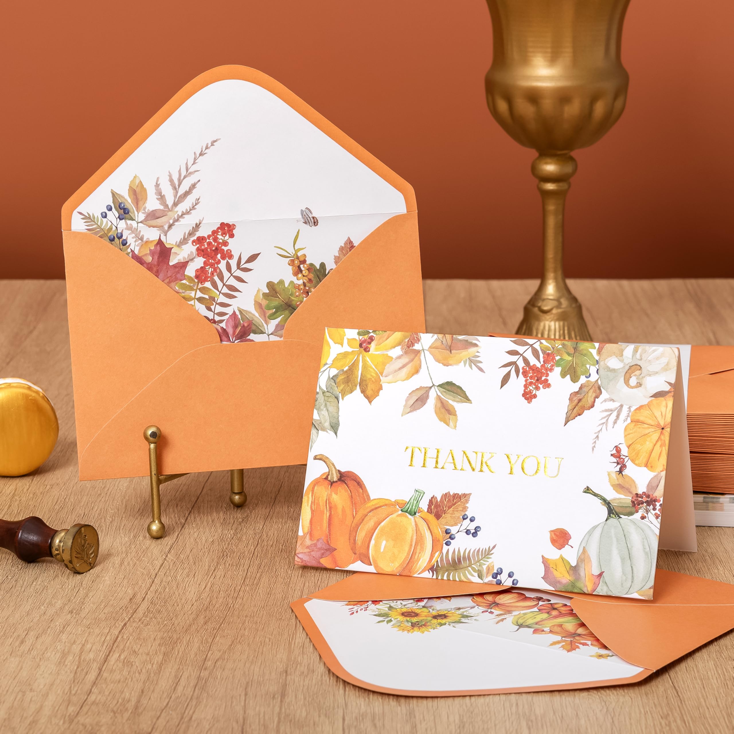 Crisky Lot de 50 cartes de remerciement de mariage d'automne avec enveloppes et autocollants, citrouille, feuilles d'automne vierges pour fête prénuptiale, fête prénatale, Thanksgiving, affaires