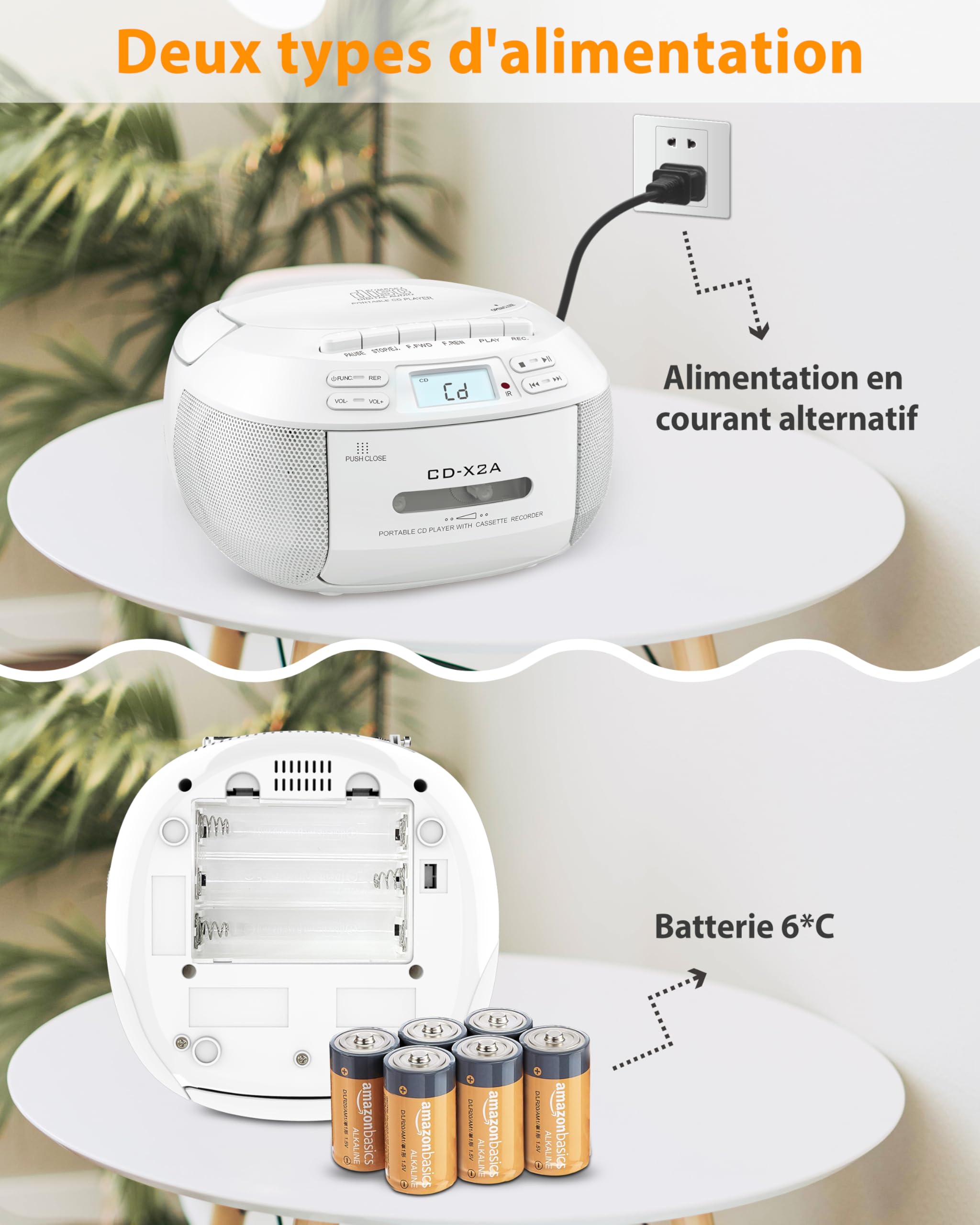 Greadio Lecteur CD Boombox avec Bluetooth, Radio FM, Lecture USB/AUX, Son stéréo avec télécommande, Enregistrement sur Bande, Alimentation CA/CC, lecteurs CD personnels pour la Maison (Blanc)