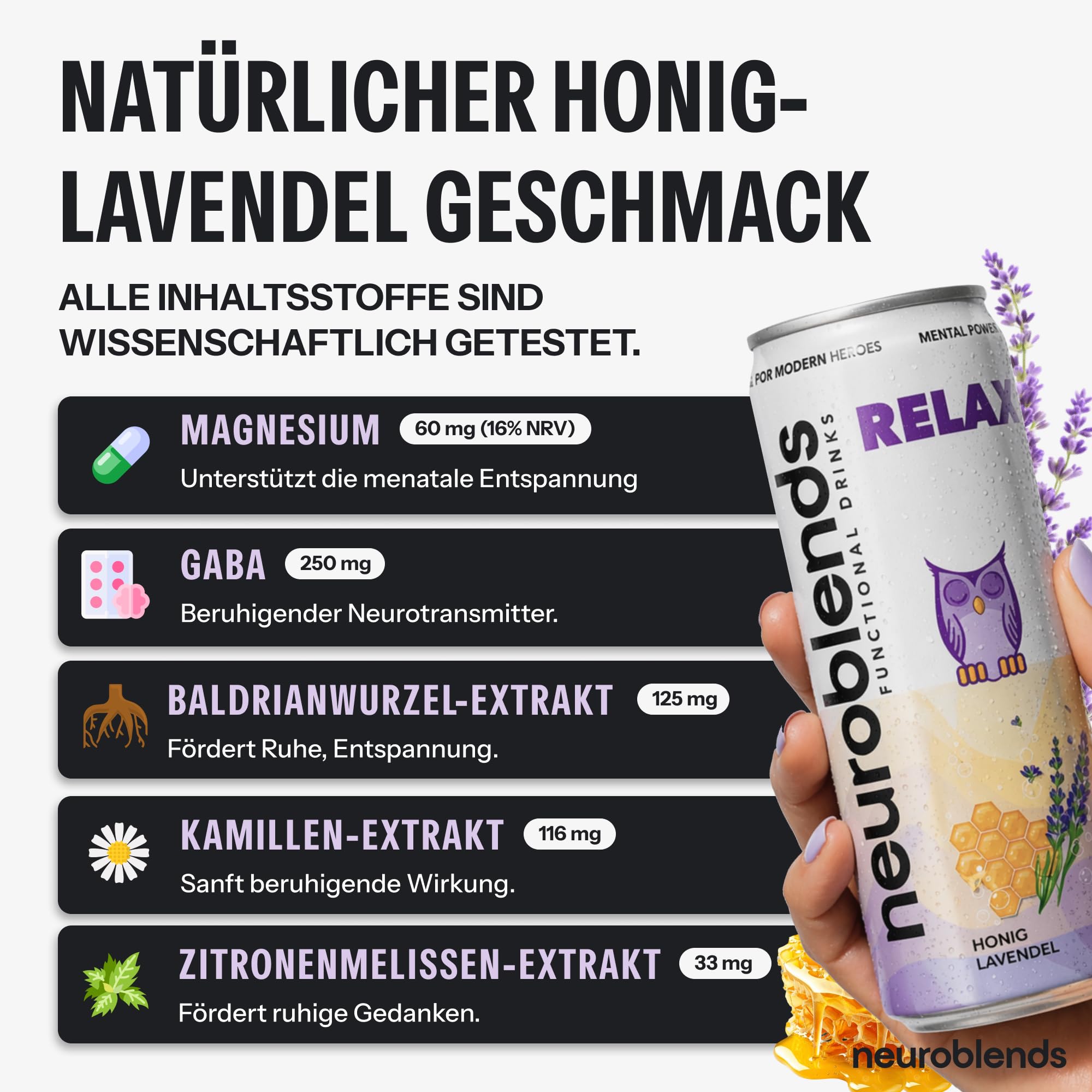 RELAX - Functional Relax Drink Honig-Lavendel I Mit GABA, Baldrianwurzel, Kamille & Magnesium I 0 Zucker & 0 Kalorien I Alkoholfreie Alternative zum Abschalten (24x 330ml)