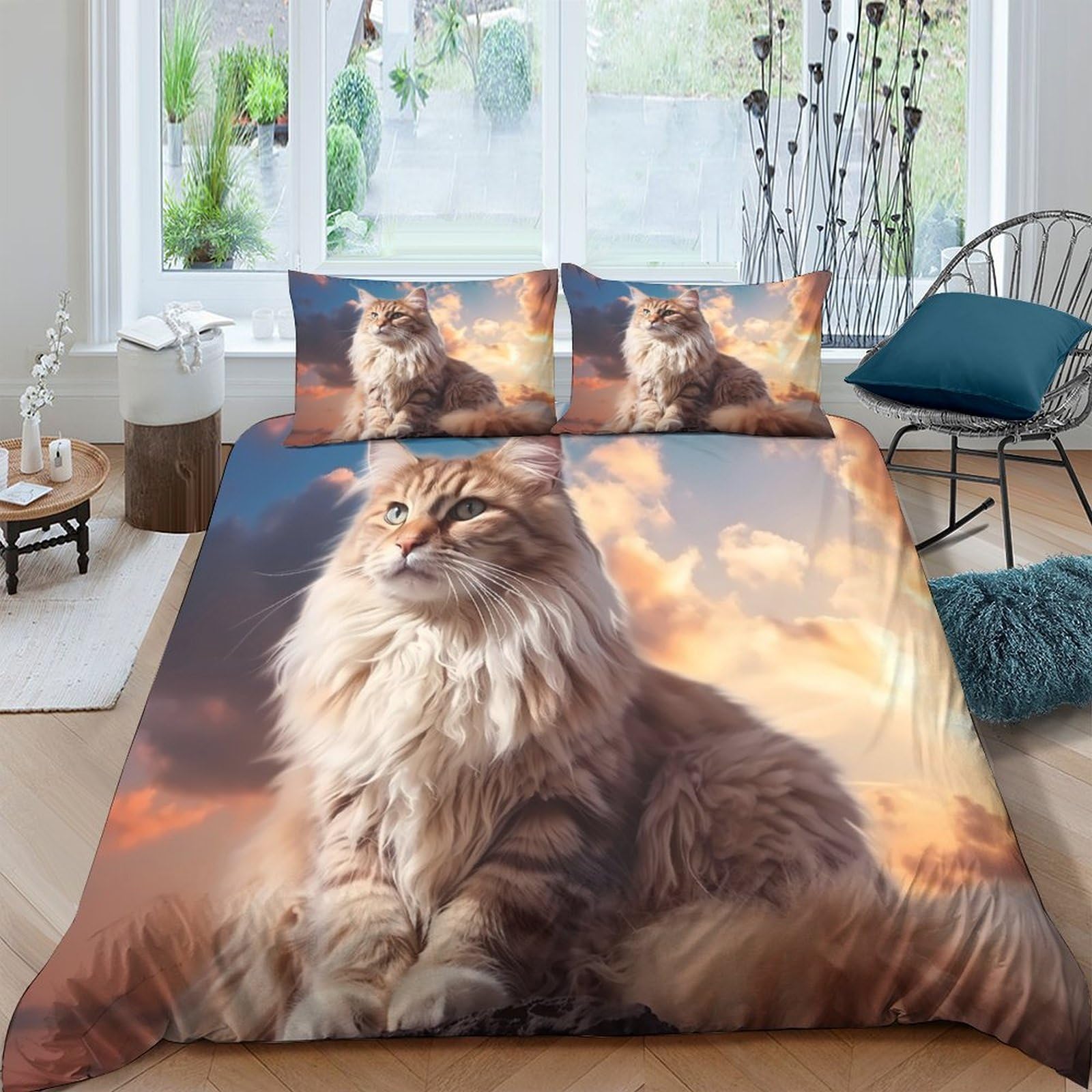 Ctjqhvkz Style-9 3D Printed Majestic Cat Fitted Sheet Microfiber Soft Breathable Sunset Clouds Mattress Cover For Bedroom Dorm Easy Care Decor Single（135X200cm）