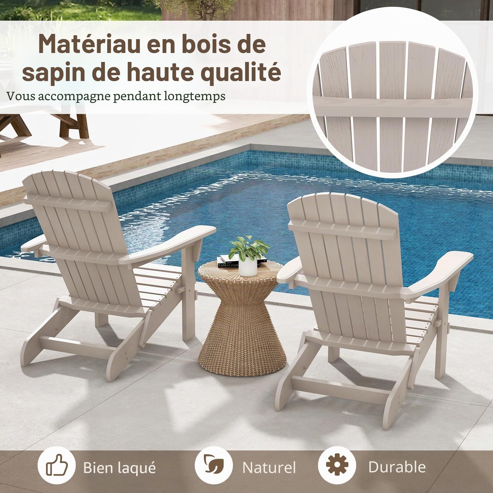 FANTASK Adirondack Lot de 2 chaises de Jardin avec Dossier Haut et accoudoirs Larges, 51 x 46 cm, Gris