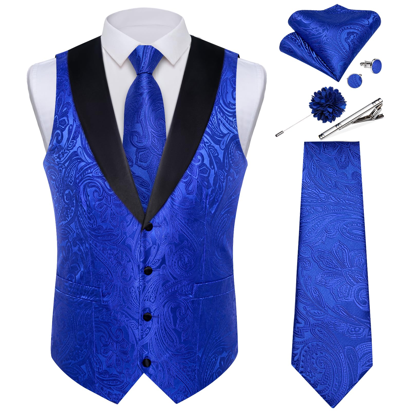 DiBanGu Mens Paisley Suit Vest Silk Jacquard Waistcoat and Necktie Set Formal Shawl Collar Dress Vest 7PCS for Wedding Party