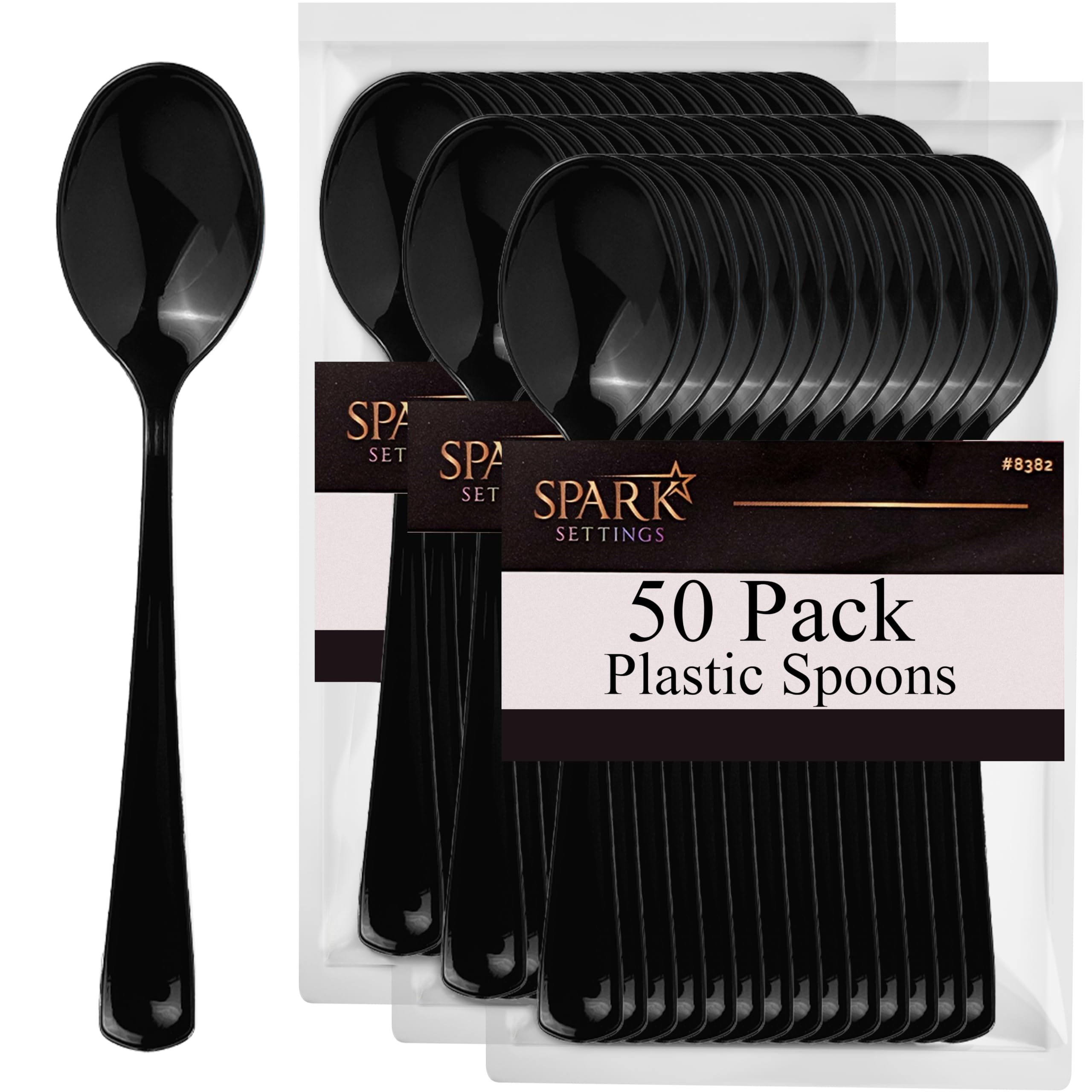 SparkSettings Black Disposable Plastic Spoons - Heavy Duty Silverware, Ideal for Hot & Cold Food, Perfect for Home, Office, School, Parties & Weddings