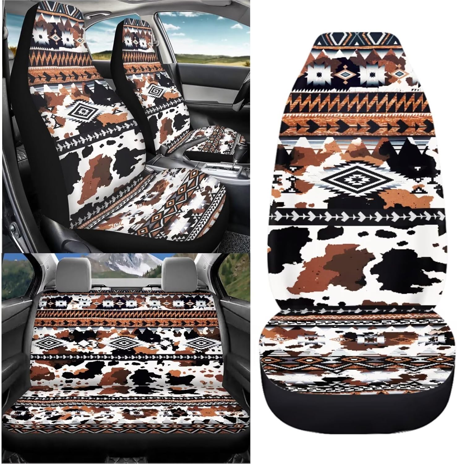 Dreaweet Aztec Cow Print Car Seat Covers Full Set 4 Piece Washable Universal Front Seat Covers with Back Seat Cover for SUV Trucks Cars Easy to Install