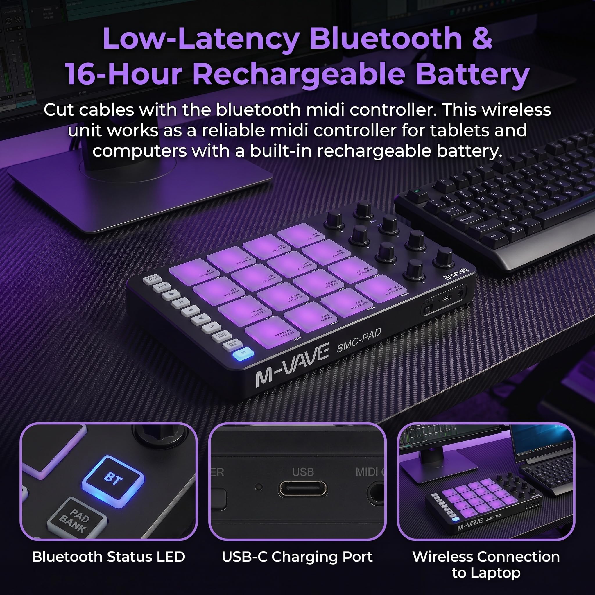 M-VAVE SMC-PAD Contrôleur MIDI portable sans fil Bluetooth avec coussinets sensibles à la vitesse, Beat Maker, câble audio blanc de 6,35 mm (noir)