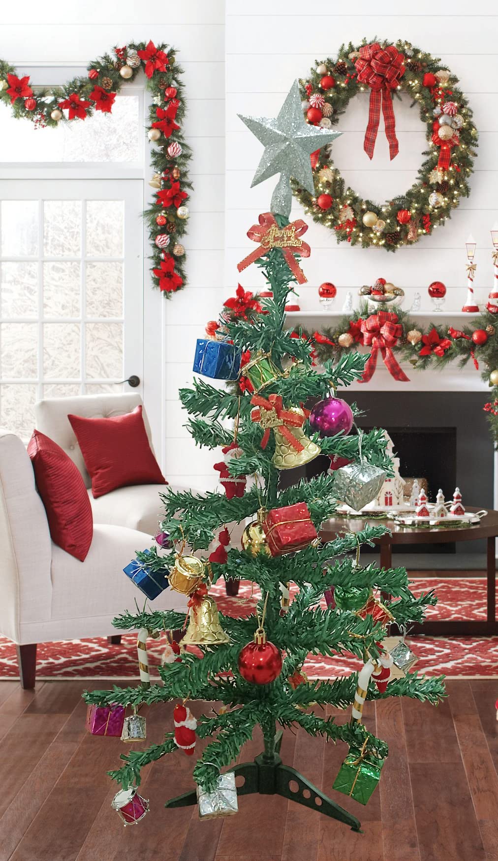 ME & YOU 2 Ft Christmas Tree with Hanging Ornaments | Decorated Mini Artificial Xmas Tree with Stars, Balls & Gifts | Small Tabletop Christmas Decoration for Home, Office, Party, Holiday Festive Décor