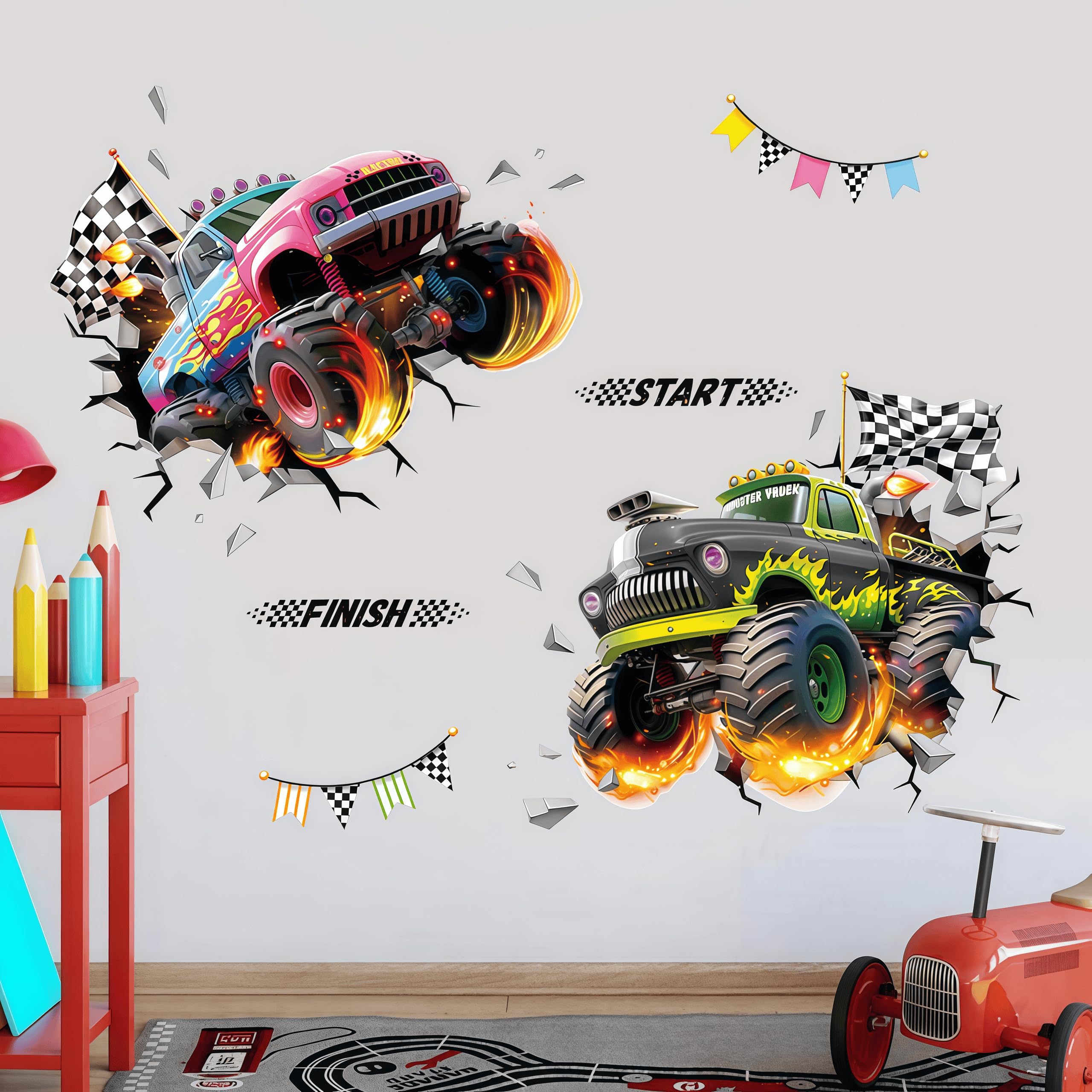 PLUSHCEWT Racing Cars Wall Stickers for Boys Bedroom - 90x30cm Large Car Decals with 22 Fun Designs, Easy Peel & Stick Removable Wall Art for Kids Room, Playroom, Nursery, Smooth Surfaces (C2)