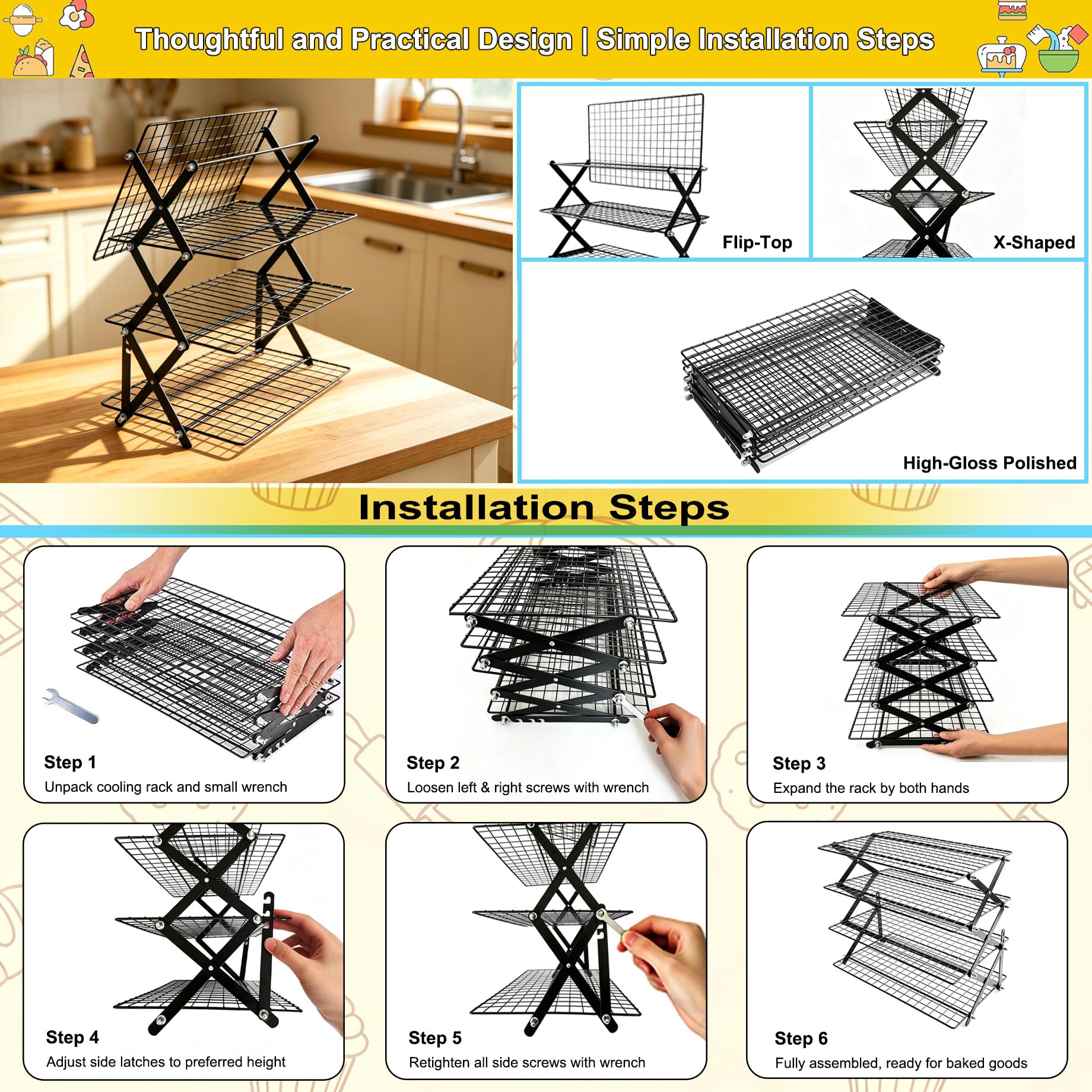 Grille de Refroidissement Patisserie en acier inox 4 Niveaux Antiadhésive Pliables et Empilables 40 x 25 cm, Pince Cuisine Silicone et Papier Cuisson Prédécoupé, pour biscuits, gâteaux, muffins, pain