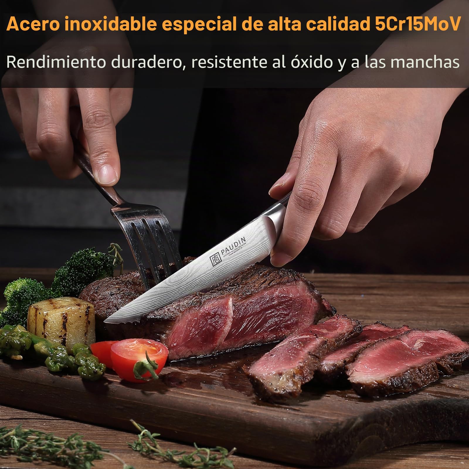 PAUDIN Juego de 6 cuchillos de carne, cuchillos de carne de acero inoxidable alemán, hoja dentada ultra afilada y mango ergonómico de madera, cuchillos de mesa con estuche de regalo