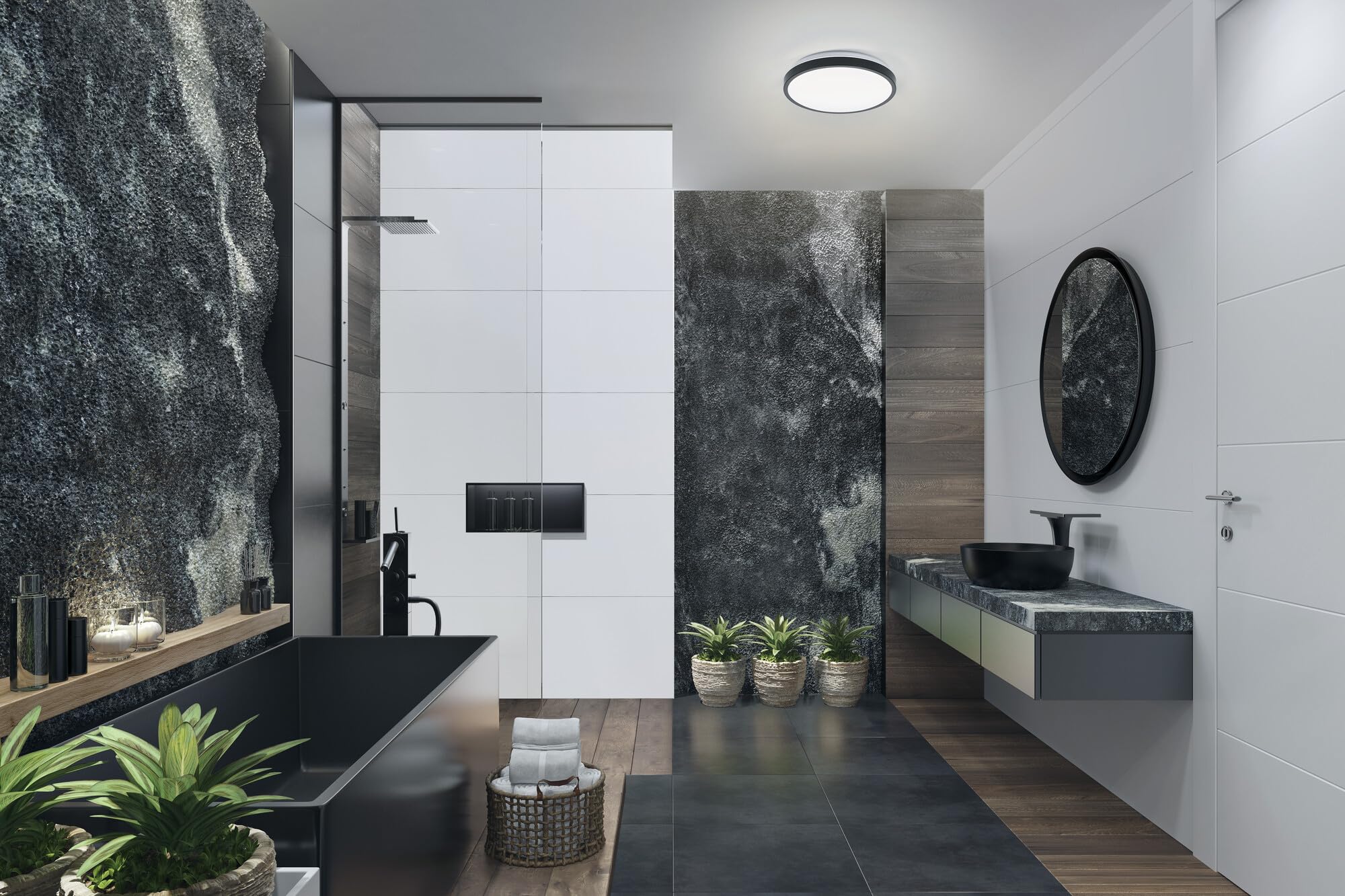 LEDVANCE ORBIS DISC Badezimmer-Deckenleuchte 300mm, schwarz, 18W, 2200lm, warm- bis kaltweißes Weißlicht, per Lichtschalter steuerbar, besonders schlankes Design, IP44 Schutzklasse, 3000K-4000K