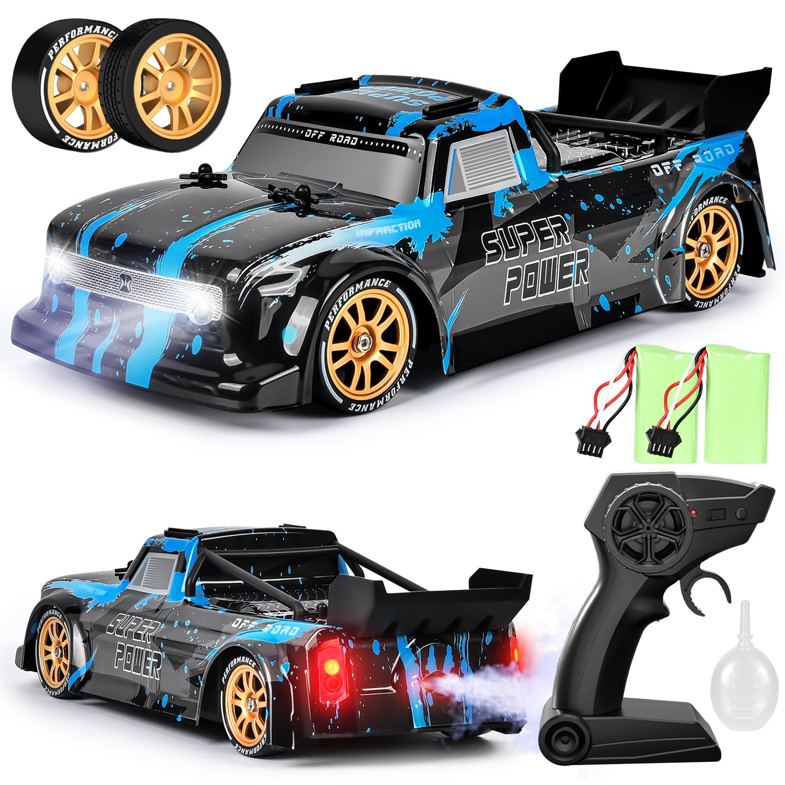 Joellfuner Macchina Telecomandata Drift, 4WD 1:14 RC Drift Car, 25km/h Auto Telecomandata con Nebbia Spray e Luce LED, RC Deriva Race Auto Giocattolo per Bambini di Età Superiore agli 8 Anni (Blu)