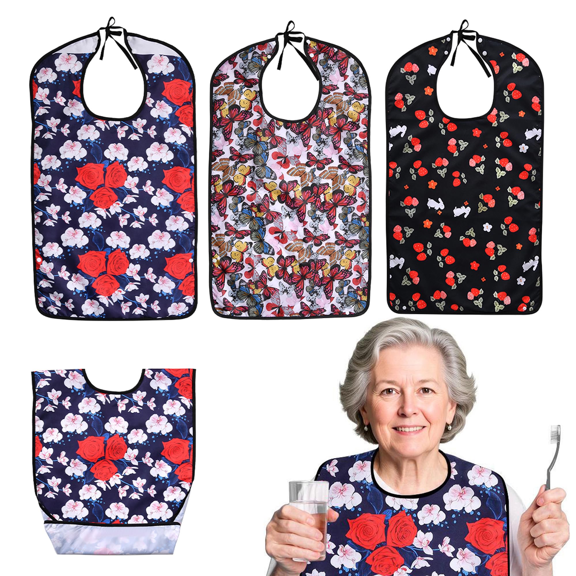 Oulisen 3 Pcs Adult Bibs For Women With Crumb Catcher, Reusable Waterproof Large Bibs For Adult, Clothing Protector For Eating,Washable Feeding Bib