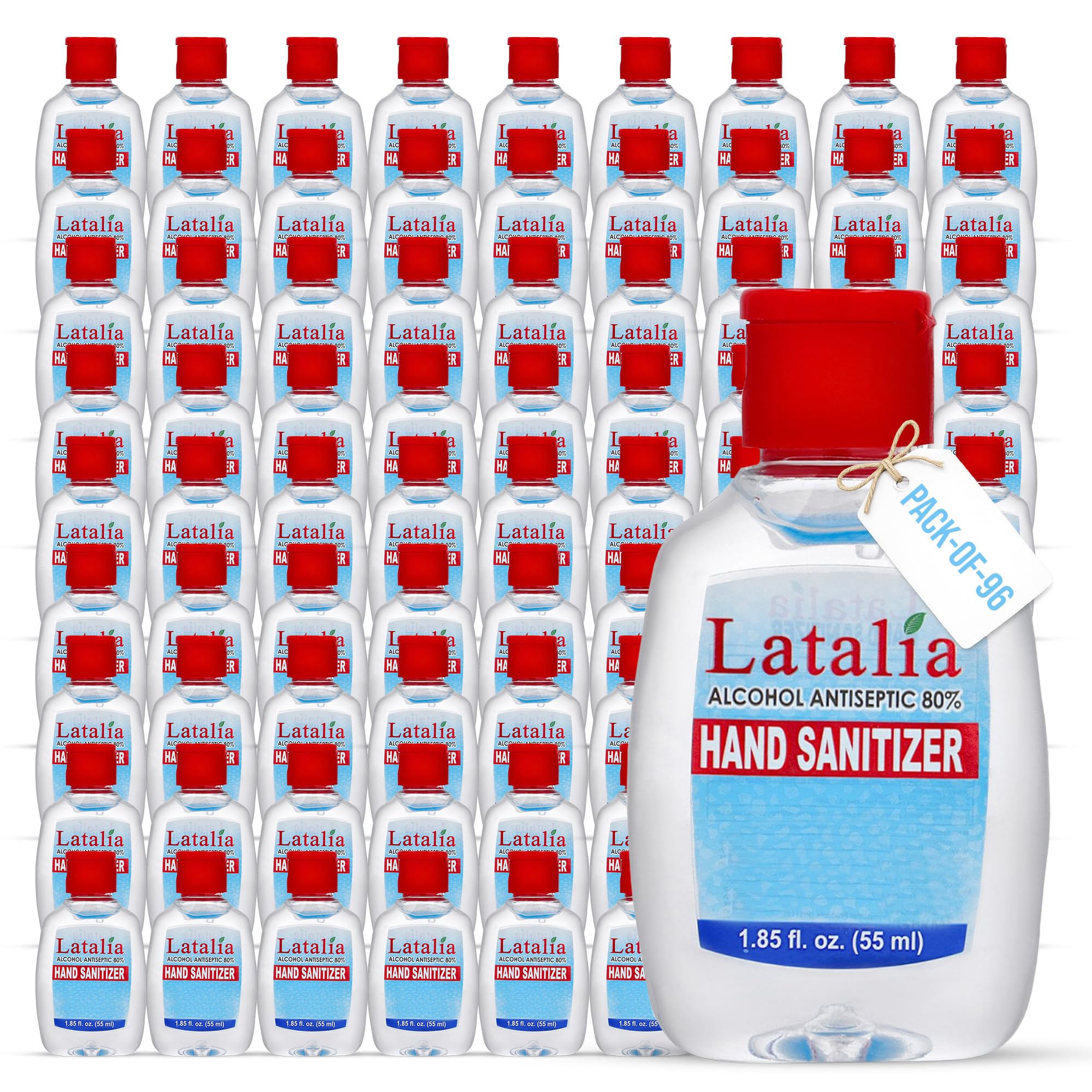 Latalia Mini Hand Sanitizer Travel Size Bulk Pack of 96 | 80% Alcohol Gel Unscented Non Drying Moisturizing For Non-Sticky, Gentle & Fresh Hands Small
