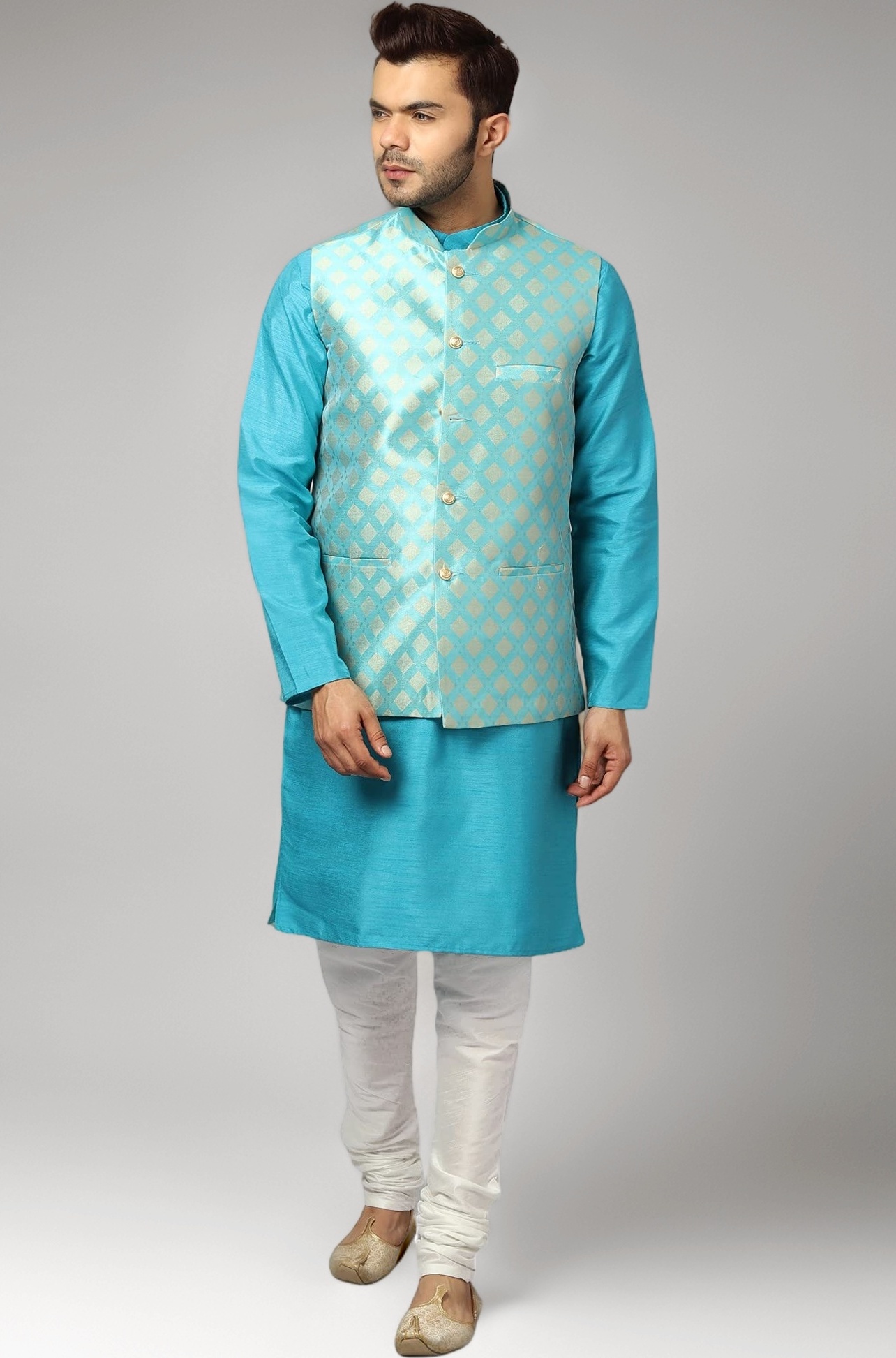 Uri and MacKenzie Men's Silk Blend Regular Kurta Churidar Pyjama with Bundi Nehru Jacket/Waistcoat
