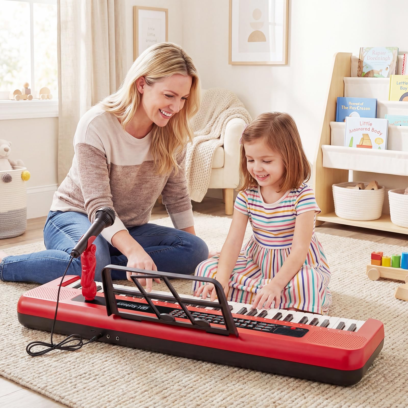 COSTWAY 61 Tasten Kinder Keyboard, Elektronisches Kinderklavier mit verstellbarem Ständer, Mikrofon & Notenständer, Kinderpiano mit Sounds, Demos & Rhythmen, für Kinder ab 3 Jahren (Rot)