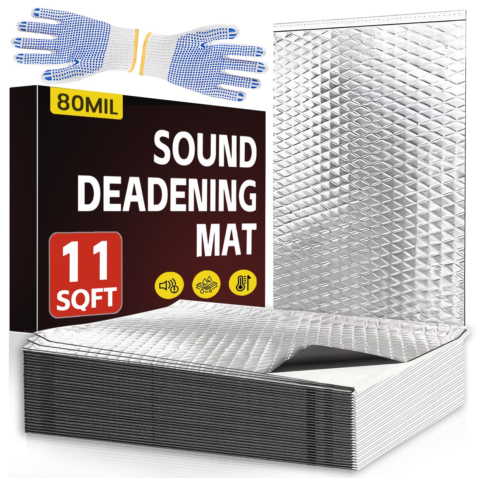 Dnsgoor Silvery 10 Pcs 80Mil (2Mm) 11 Sqft(1 Sqm) Car Sound Deadening Mat,Butyl Automotive Sound Deadener,Noise Insulation And Vibration Dampening Material With Silicone Bumps Gloves
