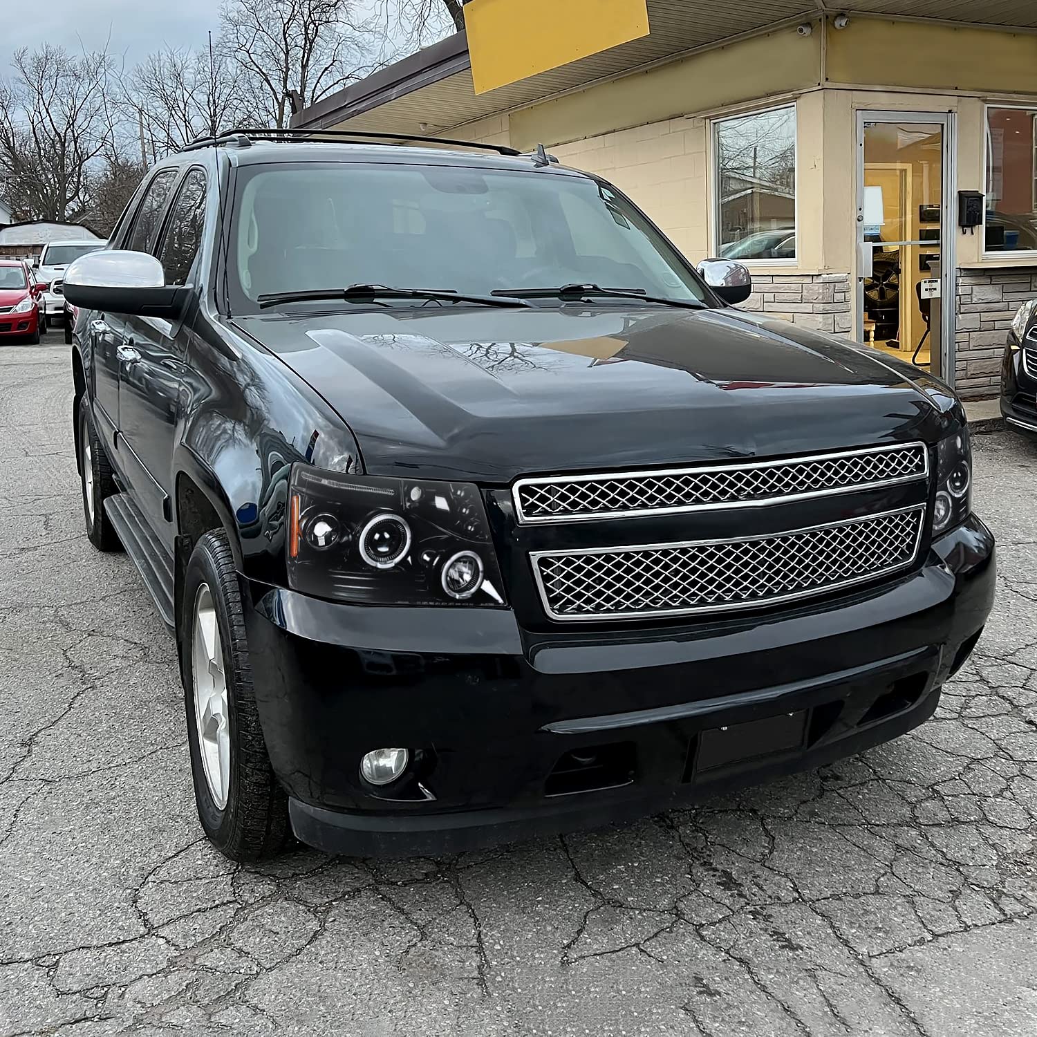 Spec-D Tuning Jet Black LED Dual Halo Projector Headlights Compatible with 2007-2014 Chevy Avalanche, Tahoe, Suburban 1500 2500, Left + Right Pair Headlamps Assembly