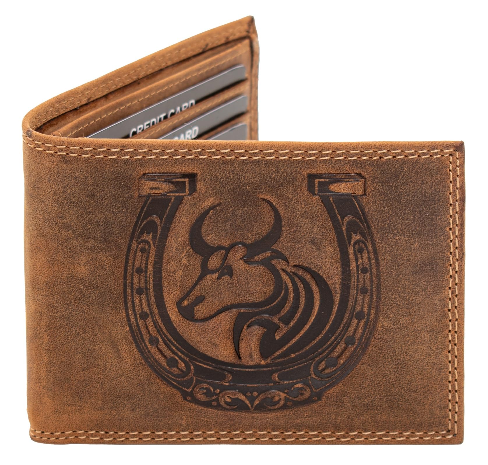 Premium Genuine Leather Tooled Brown Men's Short Bifold Wallet, premium cowboy wallet (Bull head)