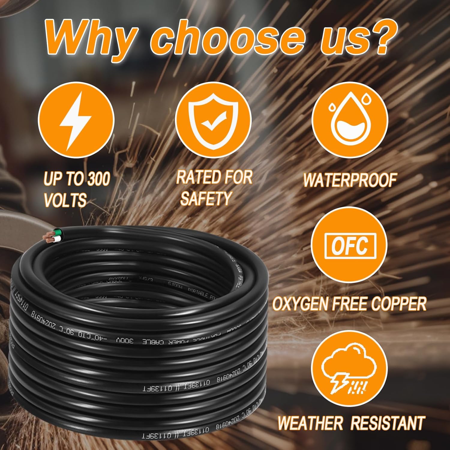 25FT 12/3 SJOOW 300V Wire, 12 AWG 3 Conductor 25FT Heavy Duty 300V Copper Cord, 12 Gauge 3 Conductor 25 Foot Portable Power Cable for Industrial Motor Leads, Machinery Circuits, Data Centers