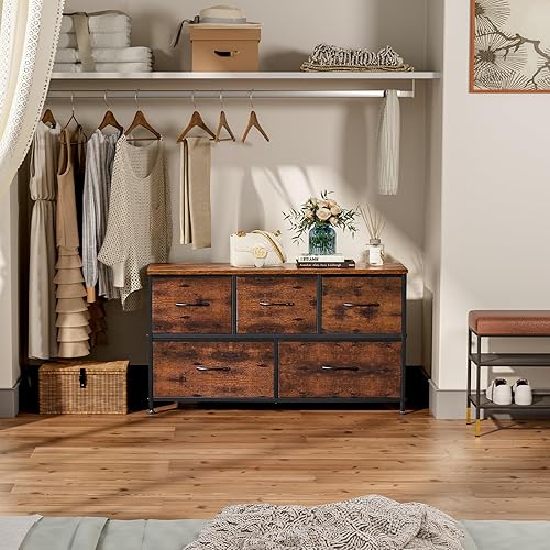 Vista 195 de DUMOS Cómoda para dormitorio, 4 cajones, organizador de cofres altos de tela, muebles de torre con marco de metal superior de madera para sala