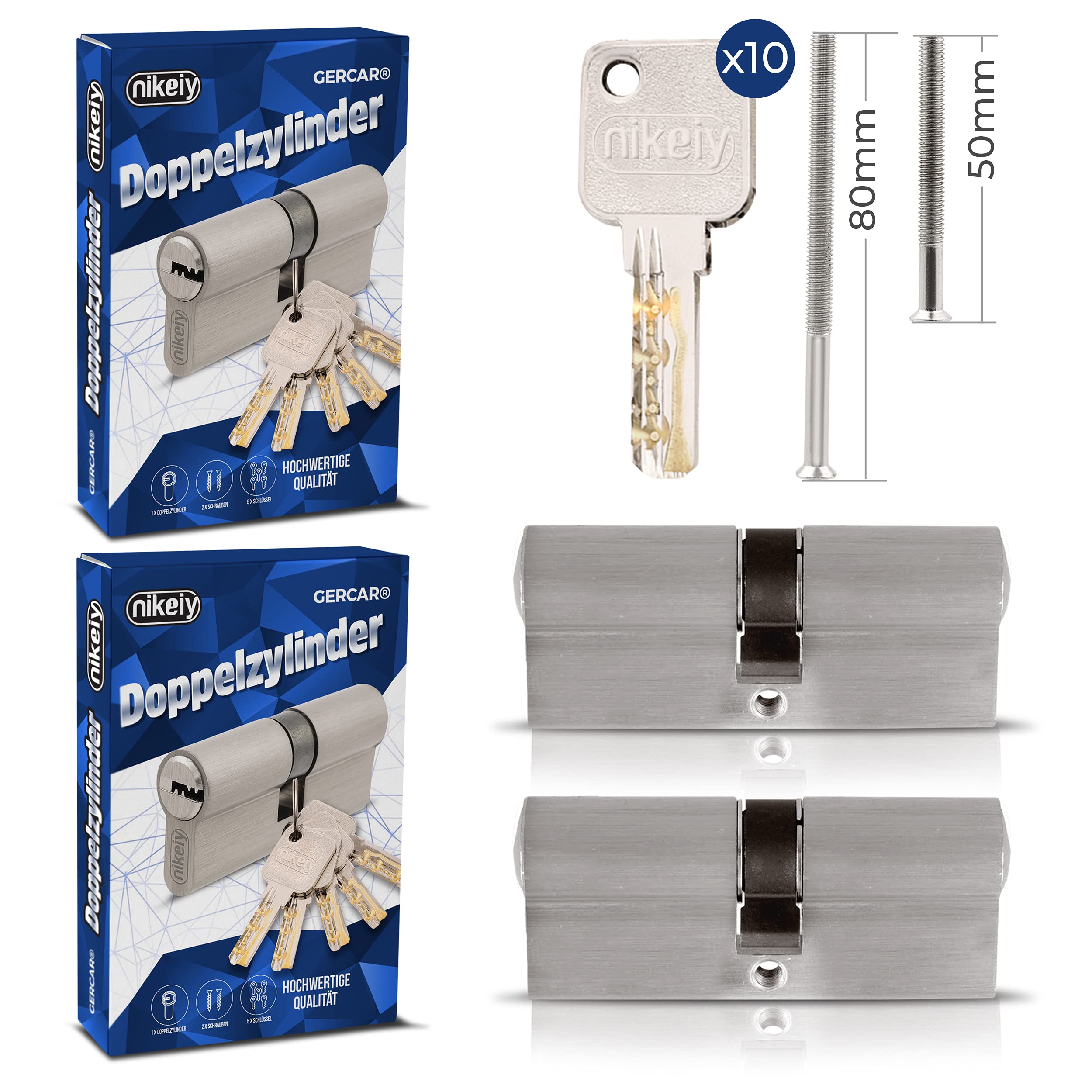GERCAR Pro Lot de 2 cylindres profilés 35/35 - En laiton mat - Avec 10 clés - Clé réversible - Longueur : 70 mm - A:35 B:35-2x