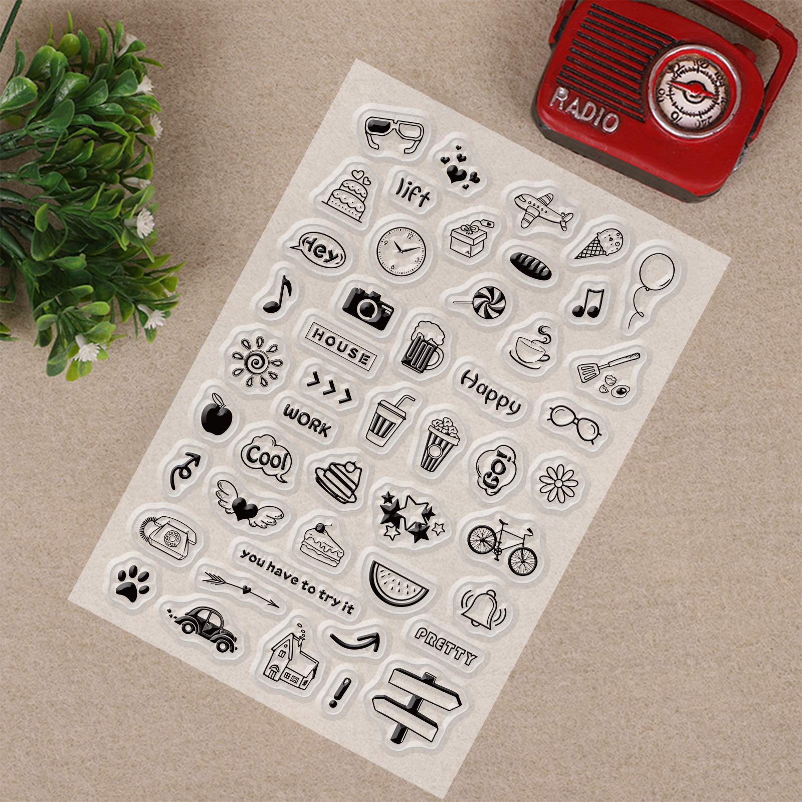 GLOBLELAND Motif de Vie Quotidienne Tampons Clairs Cartes de Timbre en Silicone pour la Fabrication de Cartes Décoration D'Album Photo et Scrapbooking Bricolage
