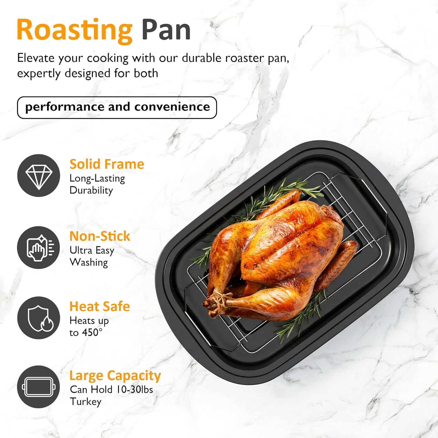 Diagram highlighting features of the SUNVIVI Roasting Pan: Solid Frame, Non-Stick, Heat Safe up to 450 degrees, and Large Capacity for 10-30lb turkey.