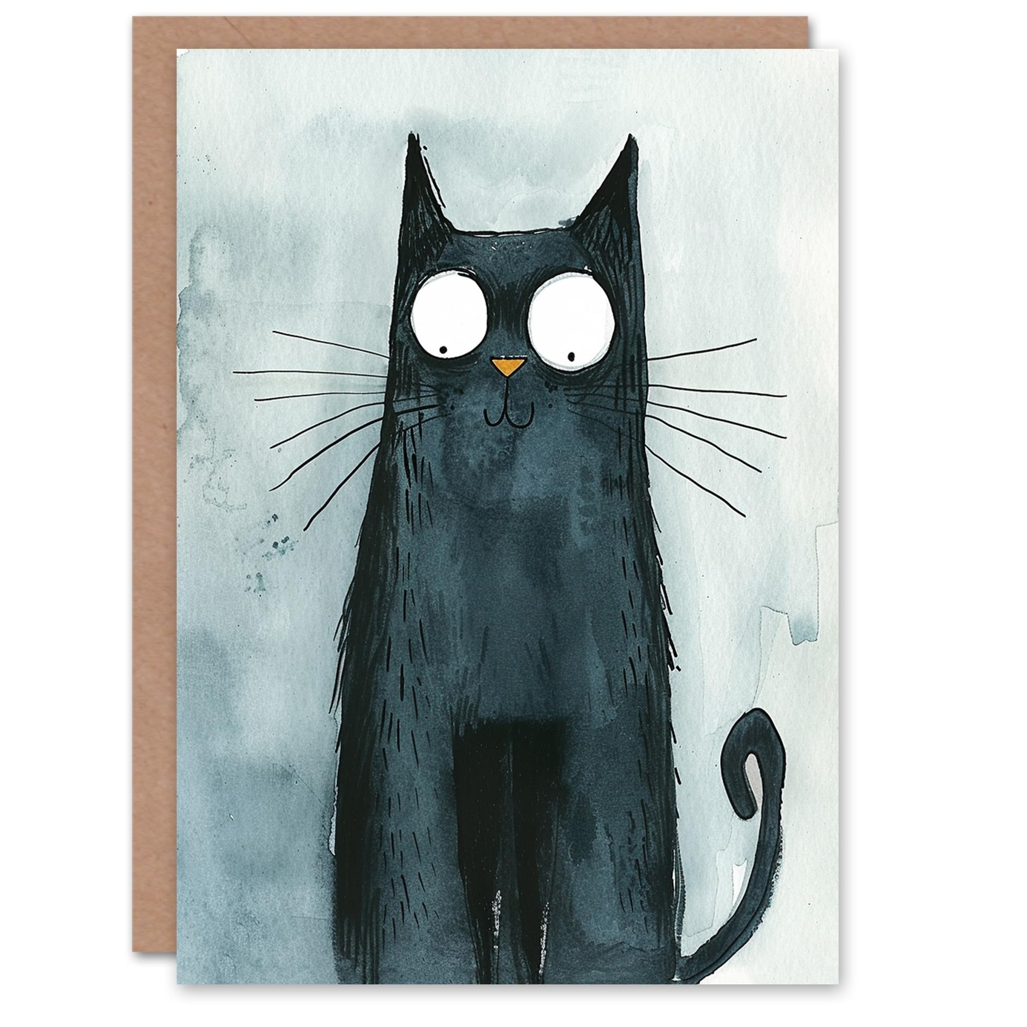 Artery8 Quirky Black Cat Lover Fun Cartoon Watercolour Blank For Him Or Her Art Birthday Card