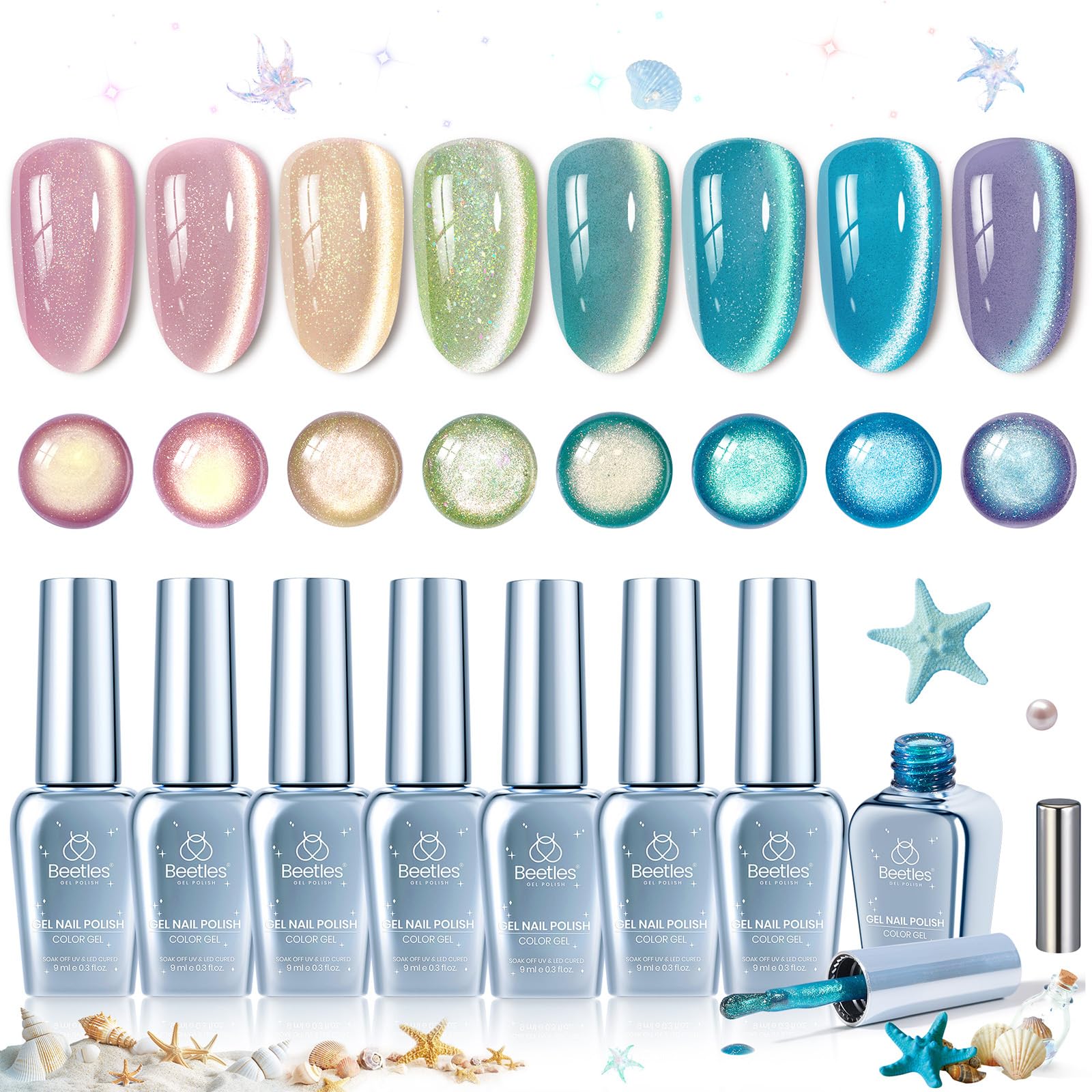 Beetles Dream Coast Cat Eye Gel Nail Polish Set, 8 Colors Glitter Gel