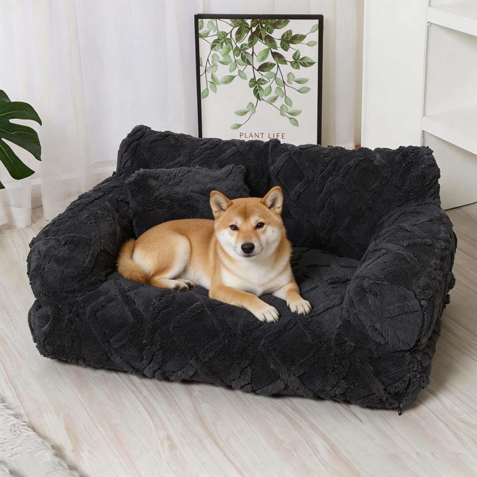 Plush Calming Pet Sofa Bed with Removable Cover – Anxiety Relief, Machine Washable & Super Soft, Non-Slip Bottom & Neck Support – Calming Fluffy Puppy Sofa for Dogs & Indoor Cats (55*40*23cm,#D)