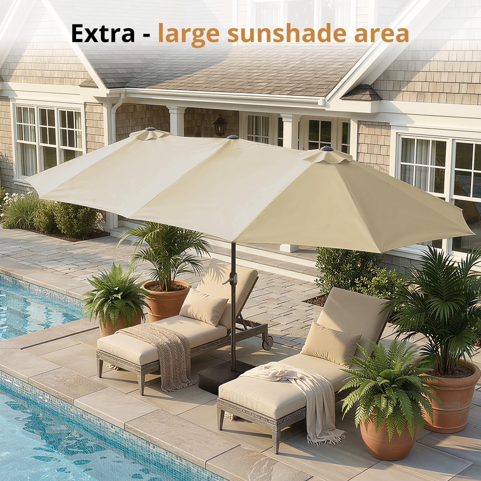 VOWNER Sonnenschirm Doppelseitiger, 4,4mx2,6m, Rechteckig Sonnenschirm mit Kurbel, Sommer Schirm Rechteckig Gartenschirm UV-Schutz, für Terrasse, Garten, Pool, Beige, mit Sonnenschirmhalter + Base