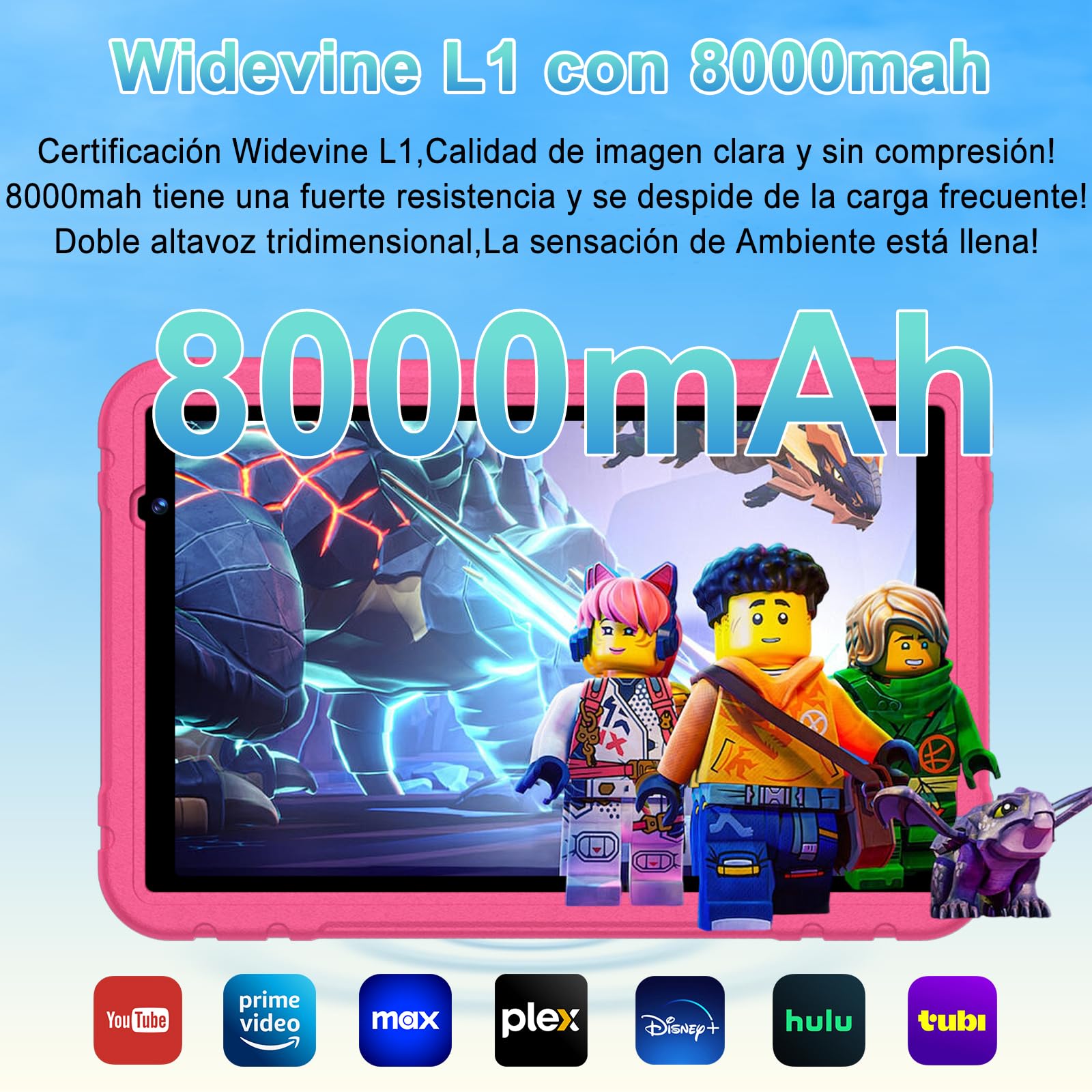 Tablet niños 10 Pulgadas Android 15 con Gemini AI 30 + 128GB (TF 2TB), Octa-Core, GPS, WiFi 6, Widevine L1, 8000mAh, Control Parental, Protective Antichoque Eva + Soporte giratorio de 360° -Rosa
