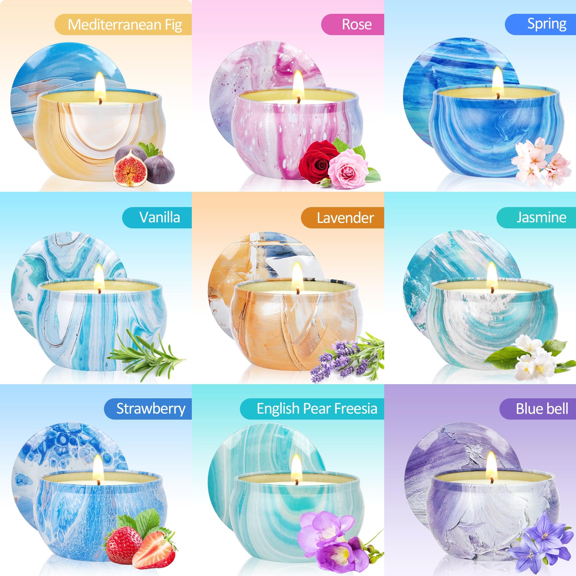 Set regalo candele profumate, 9 pezzi candele profumate con cera soia in barattoli per alleviare lo stress, candela naturale a stoppino profumata per signore regali di Natale profumati