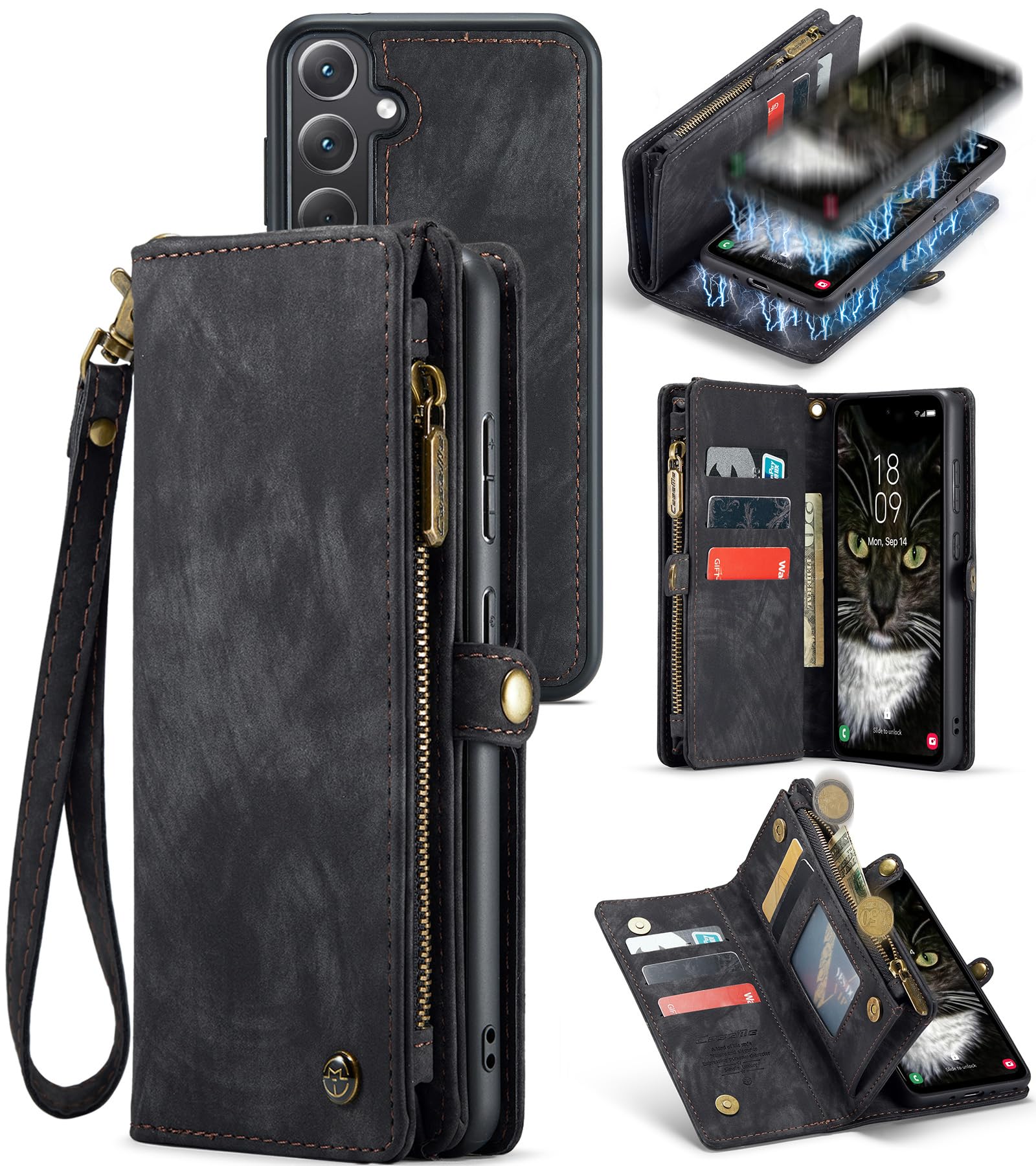 FONREST for Samsung-Galaxy-A35 5G All-in-1 Wallet Case, PU Leather Flip Folio Cover with Magnetic Absorbing Back Shell, Kickstand, 8 Card Holders, 1 Cash Slot, Zipper Pocket, Lanyard (Black)