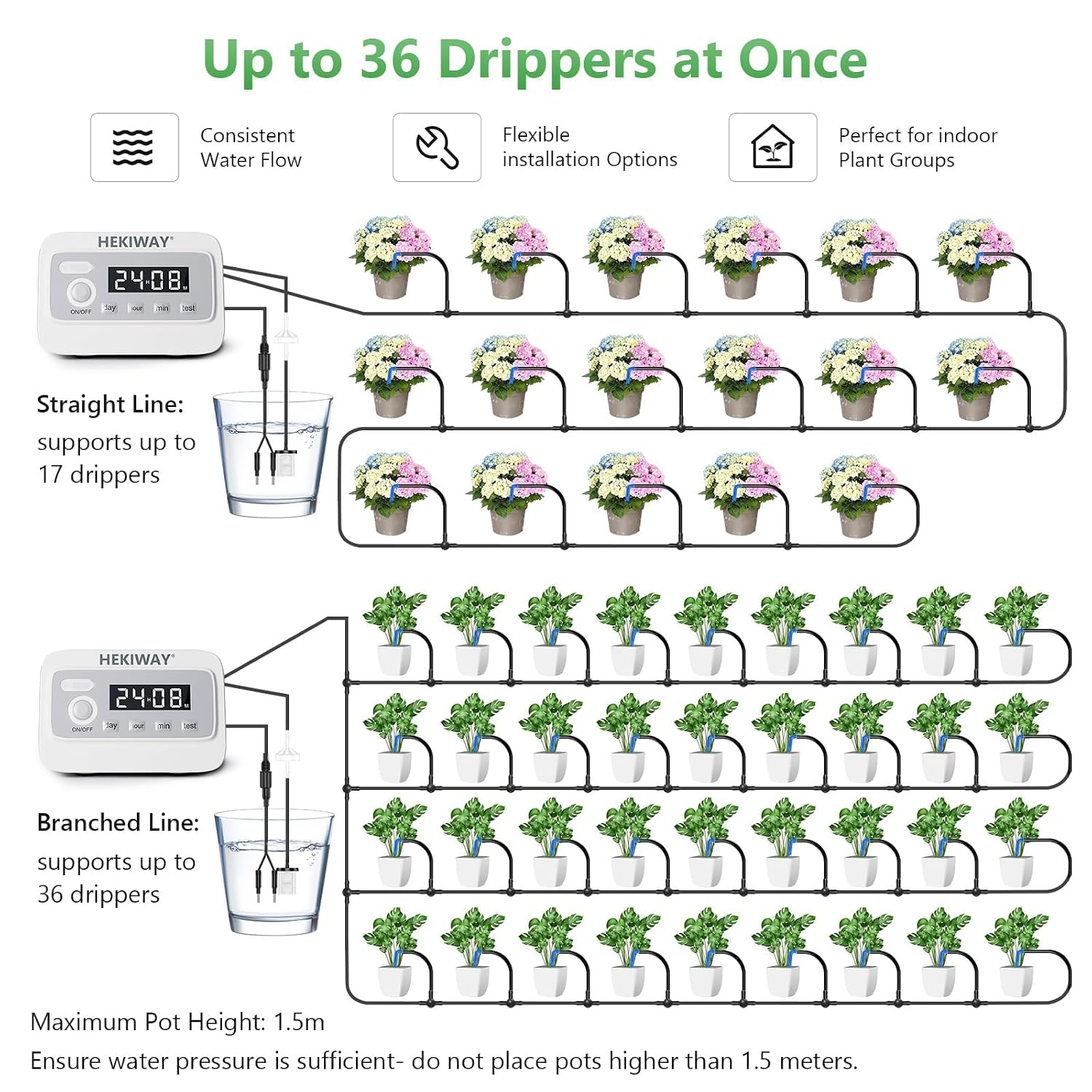 49FT Automatic Plant Watering System–HEKIWAY 390 Adjustable Watering Modes, Supports 15-36 Pots | Indoor Garden System & Vacation Plant Watering Devices, Auto Watering for Plants Outdoor image 4