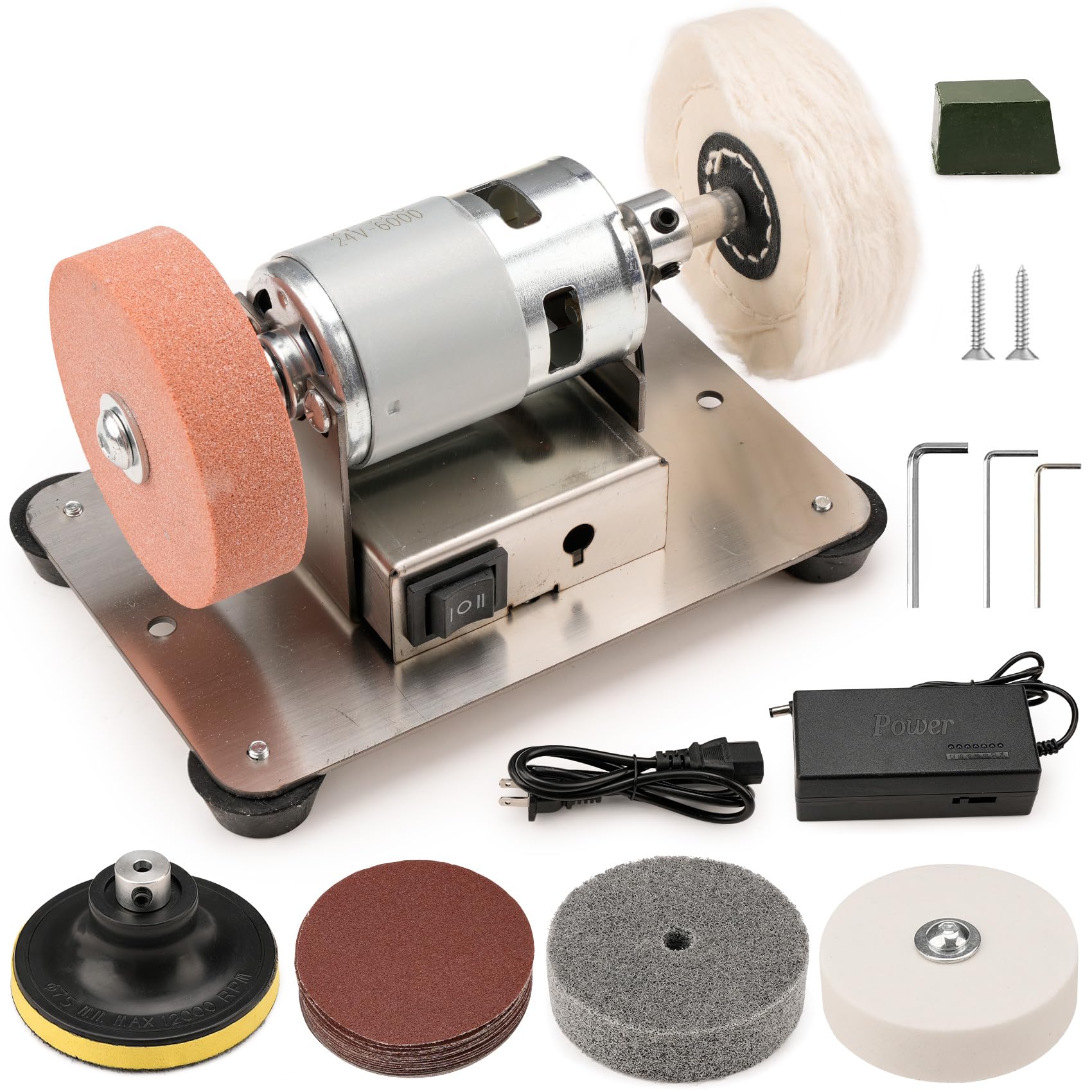 Sbestily Mini Bench Grinder Buffer Polisher, For Jewelry Wood Metal, Electric Small Benchtop Knife Sharpener Tool DIY Kit with Grinding Buffing Wheel,